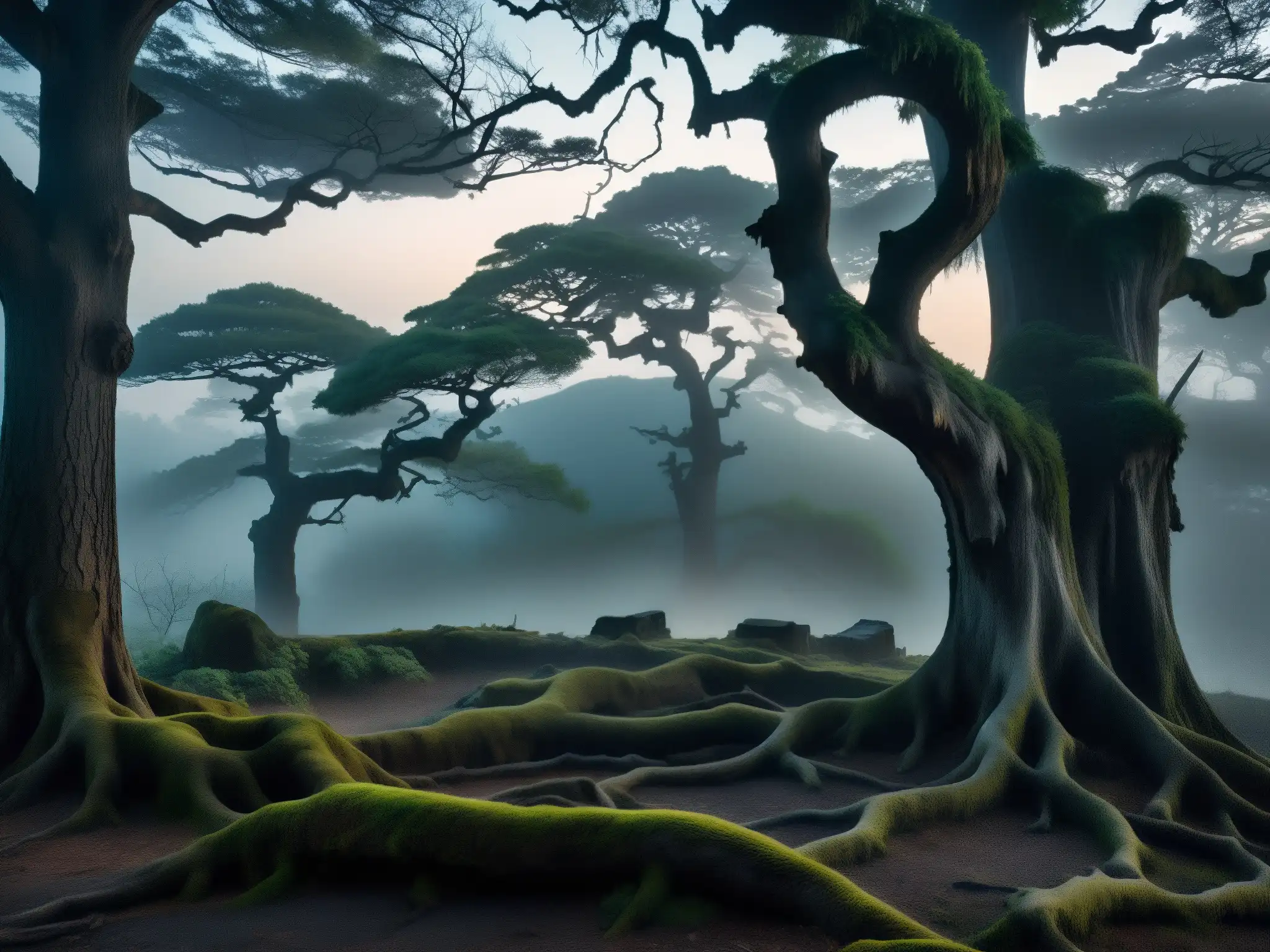 Un bosque misterioso y neblinoso al anochecer, con árboles retorcidos proyectando sombras inquietantes