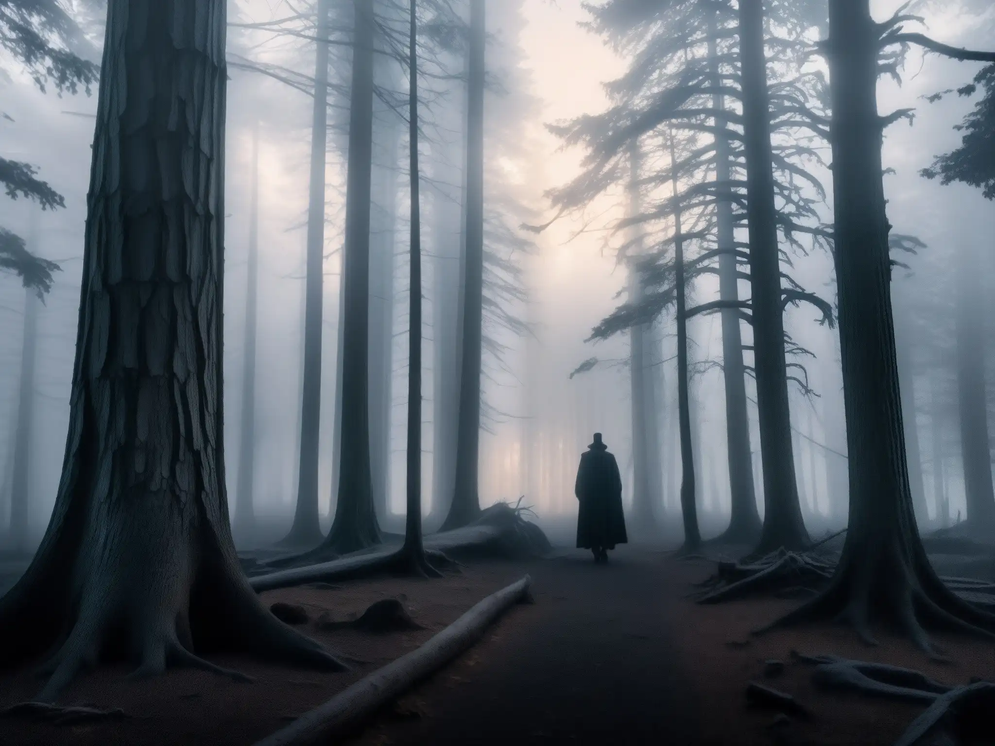Un bosque misterioso y neblinoso al atardecer, con árboles retorcidos y sombras tenebrosas que generan inquietud