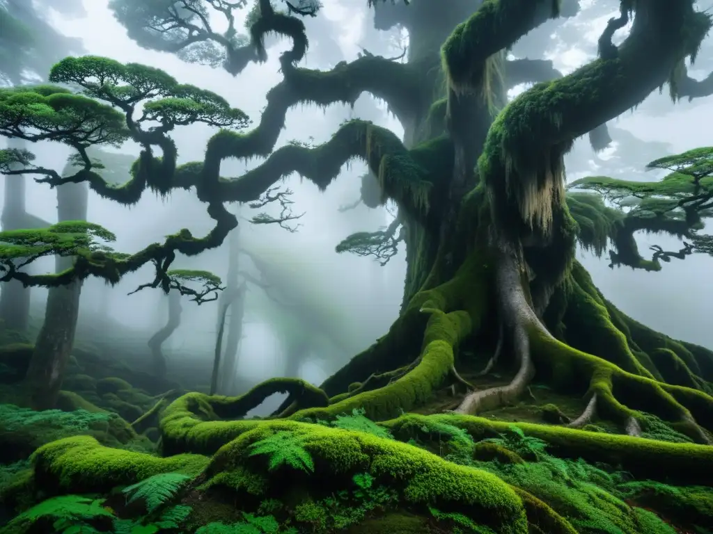 Un bosque misterioso y neblinoso en las montañas de Japón