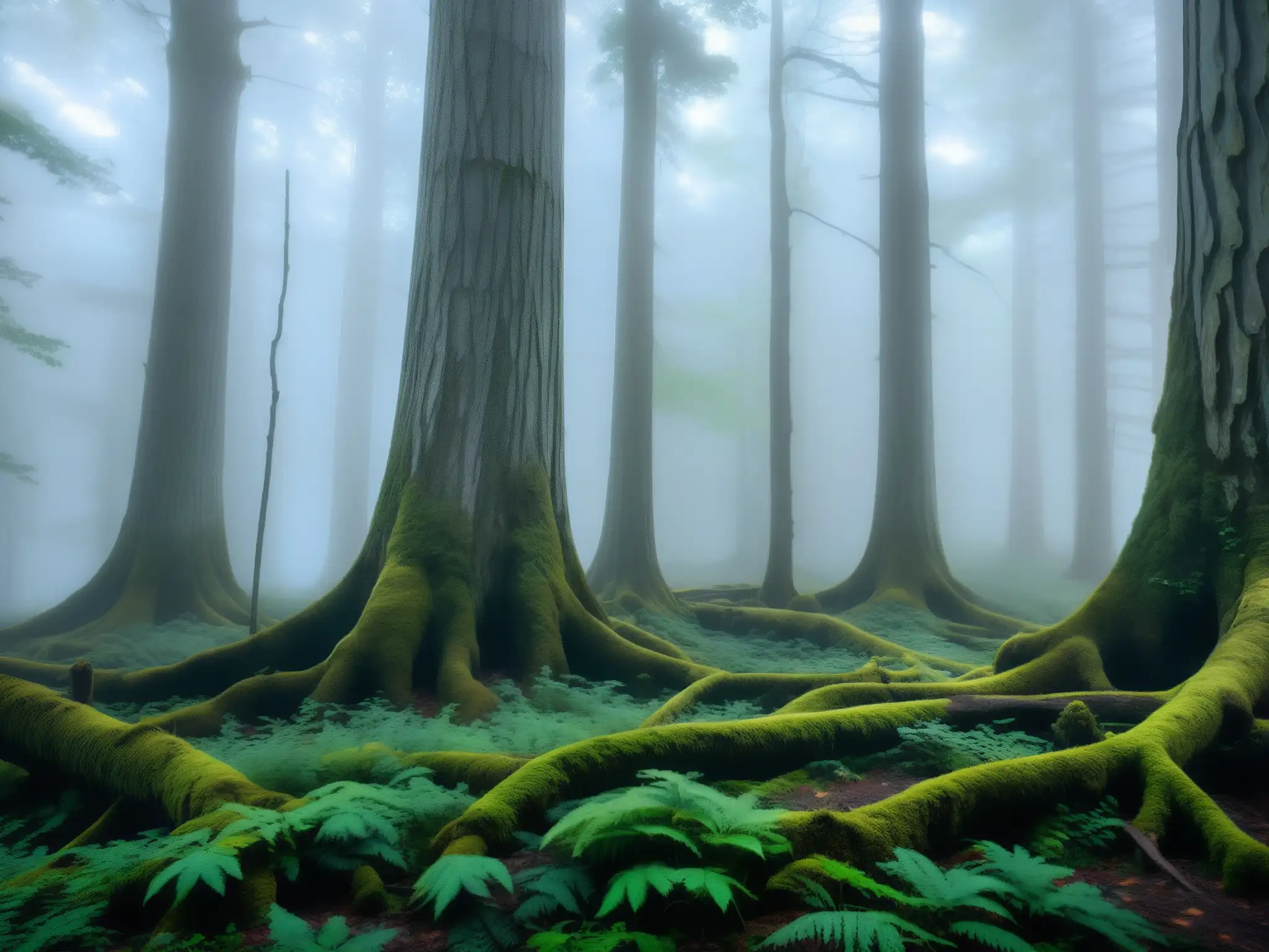Un bosque misterioso y neblinoso en el Triángulo Bennington Vermont, con árboles retorcidos y una atmósfera de inquietud y misterio