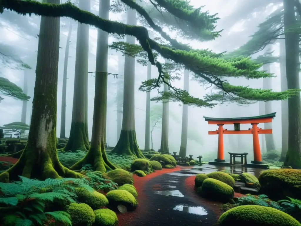 Un bosque misterioso en Japón, con rayos de sol filtrándose entre los árboles antiguos