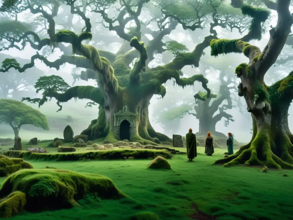 Un bosque misterioso con ruinas de piedra cubiertas de musgo y figuras sombrías evocando seres encantados del folklore celta
