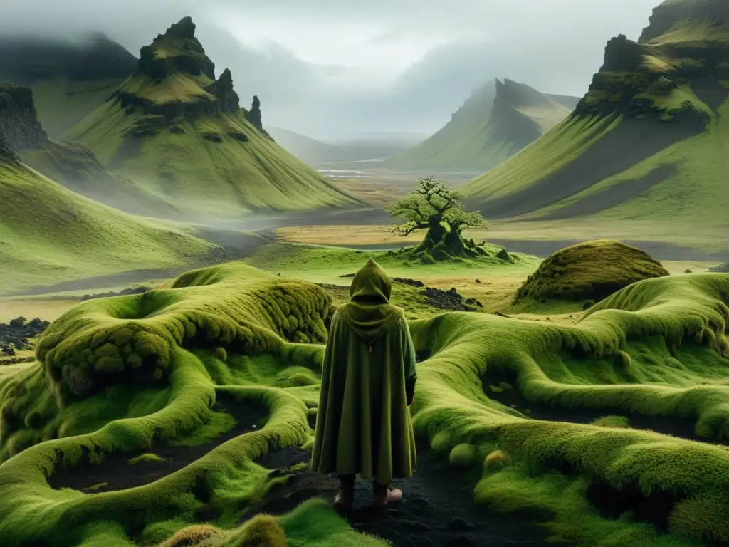 Un bosque místico en Islandia, con árboles retorcidos y cubiertos de musgo