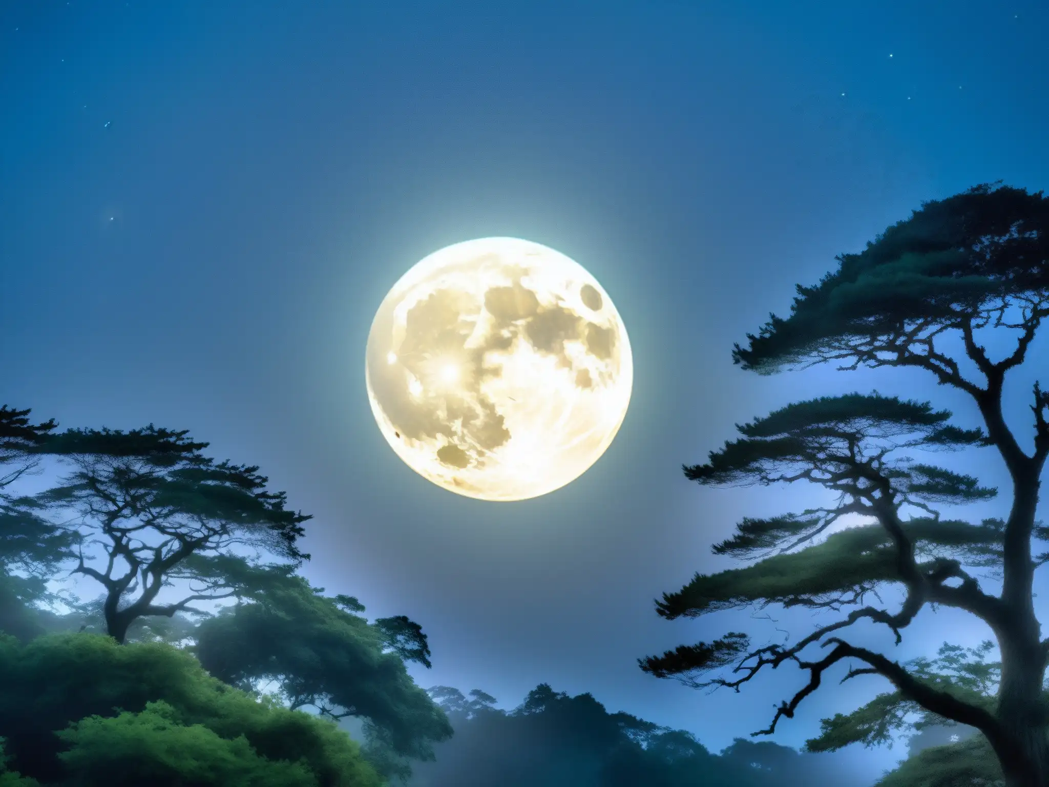 Un bosque místico bajo la luna llena evoca leyendas urbanas de Tsukuyomi, creando un ambiente encantador y misterioso