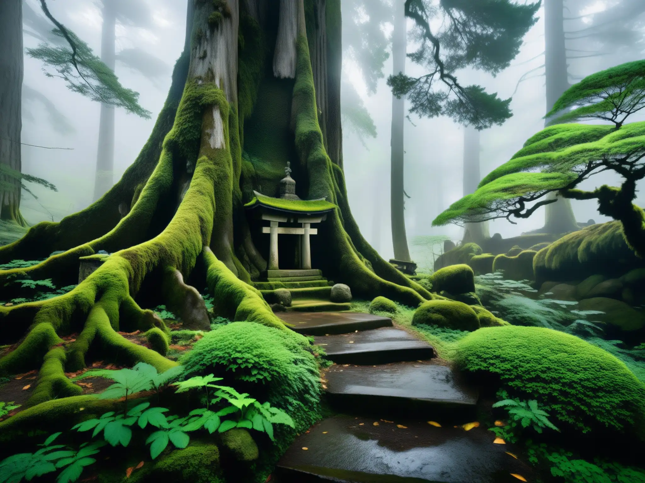 Un bosque místico en las montañas de Japón con árboles antiguos y un santuario cubierto de musgo entre las raíces