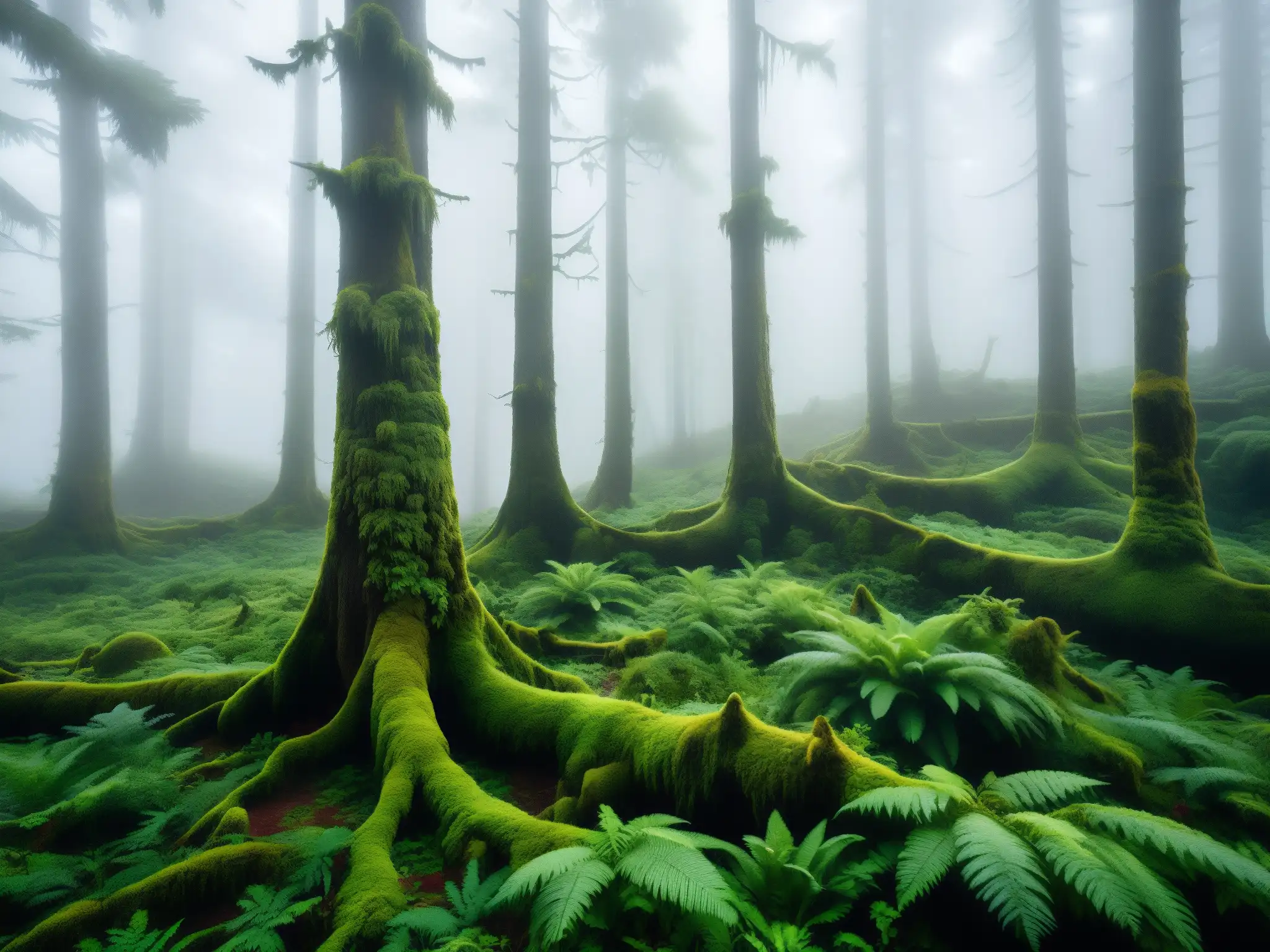 Bosque místico y neblinoso en Chiloé, Chile, hogar del misterioso Basilisco Chilote de la mitología chilena