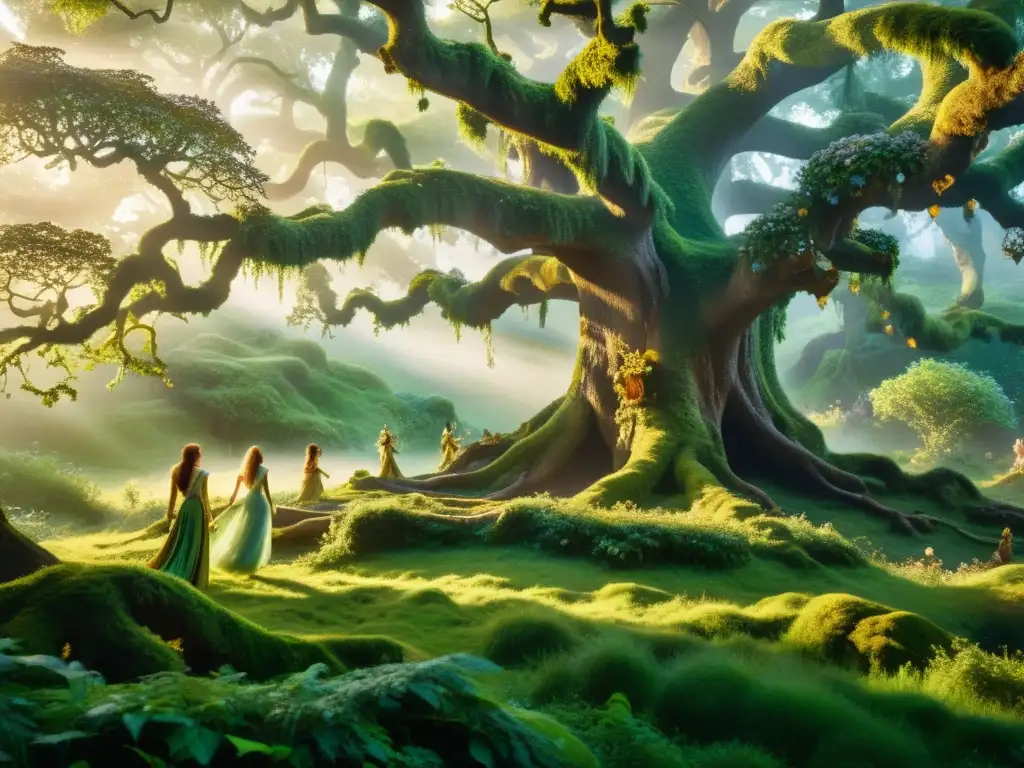 Un bosque místico con seres encantados danzando alrededor de un roble centenario, evocando el folklore celta