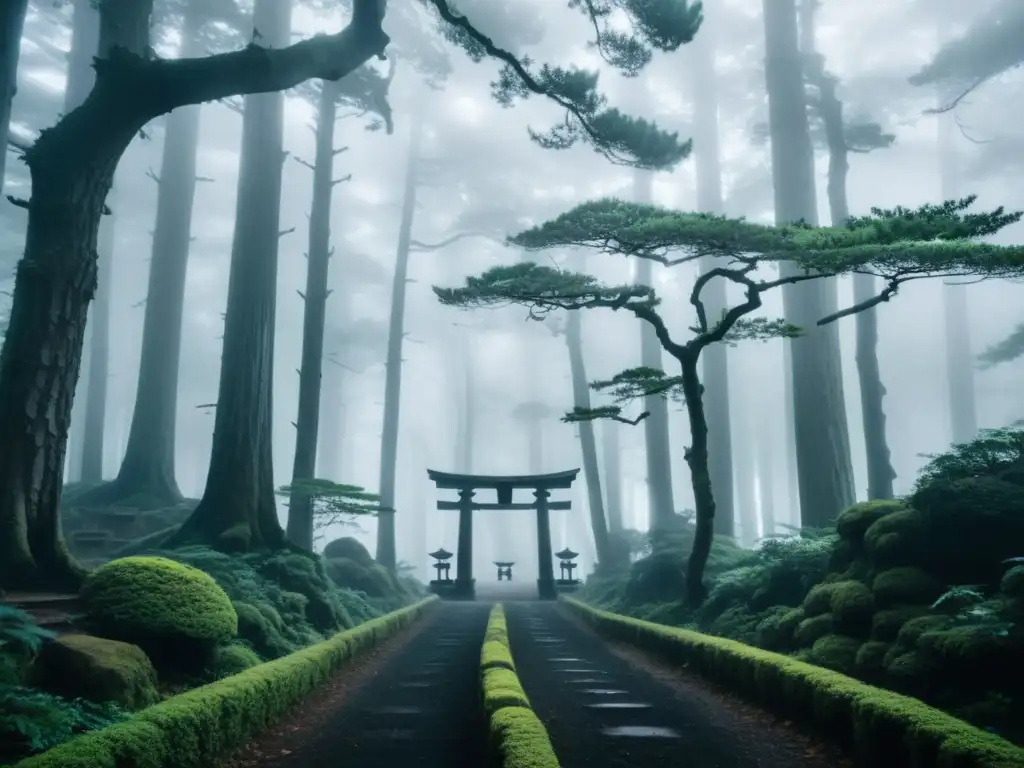 Un bosque neblinoso en Japón con árboles antiguos y un torii apenas visible, evocando el misterio de los secuestros por espíritus en Japón
