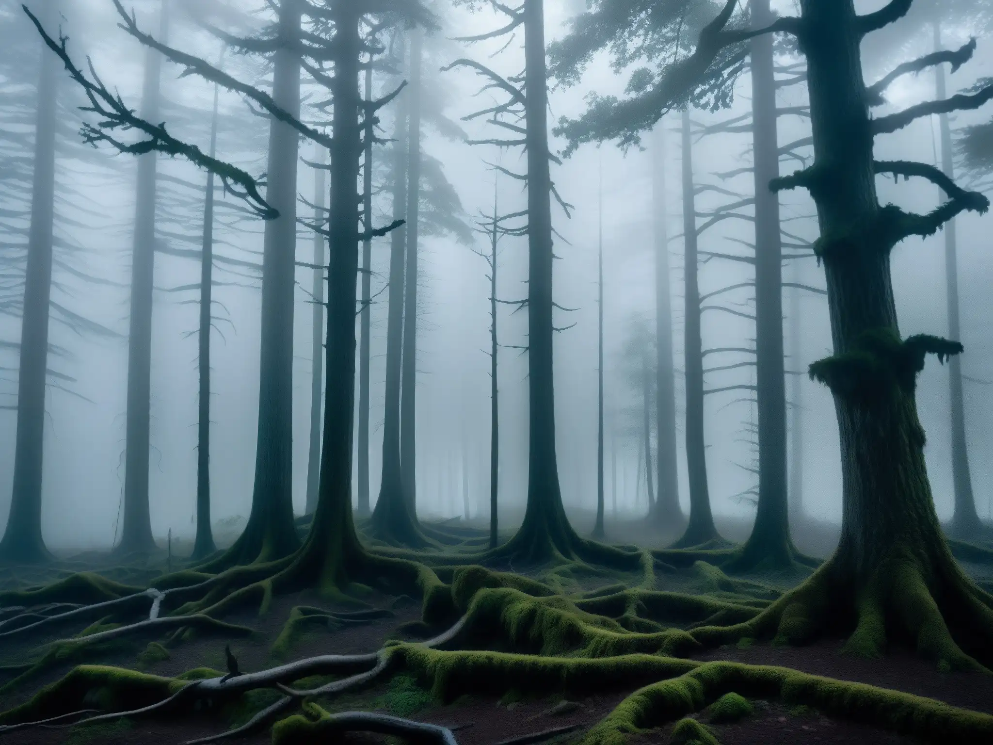 Un bosque densamente neblinoso al anochecer, con árboles retorcidos y maleza enredada, crea una atmósfera misteriosa