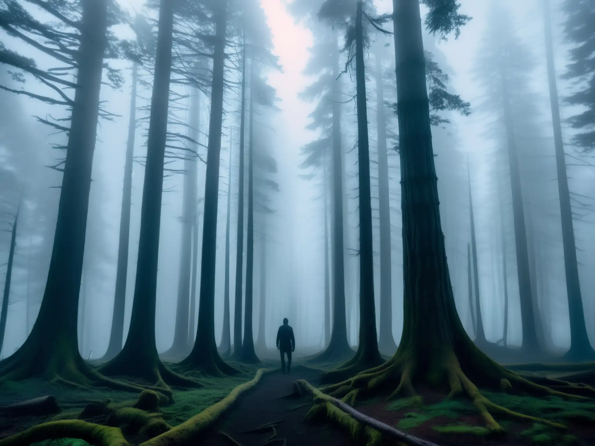 Un bosque neblinoso al atardecer, con árboles altos y delgados que se alzan hacia el cielo