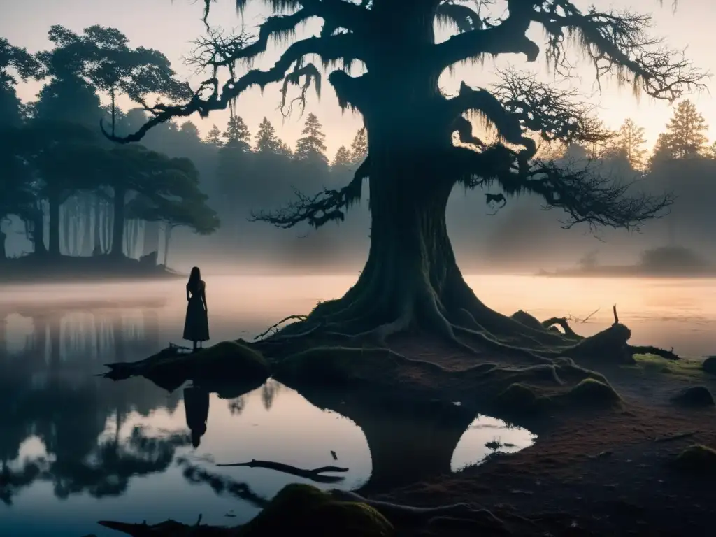 En un bosque neblinoso al atardecer, una mujer emerge de un oscuro estanque, sus ojos brillan con luz sobrenatural
