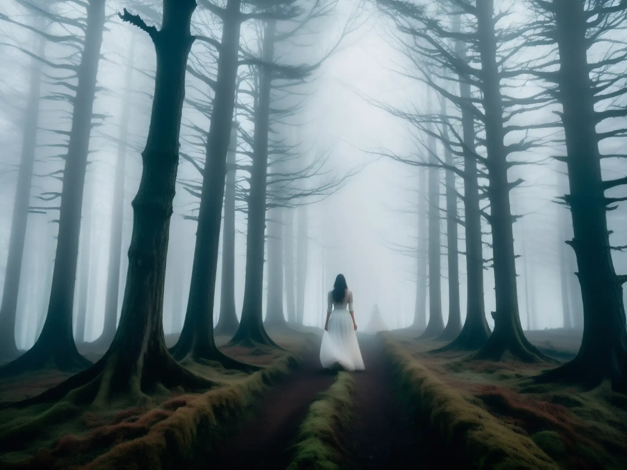 En el bosque neblinoso al anochecer, una figura en vestido blanco se oculta entre árboles retorcidos