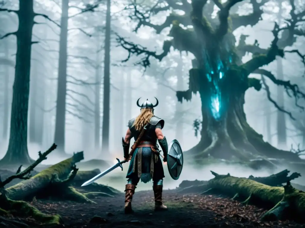 En un bosque neblinoso y lunar, aparece el fantasma del rey vikingo, evocando su escalofriante presencia entre los árboles antiguos y retorcidos