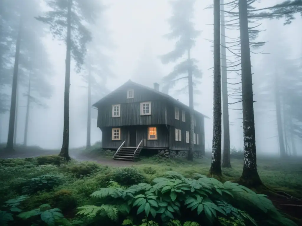 Un bosque neblinoso en Finlandia rural con una casa de madera vieja apenas visible entre la densa vegetación
