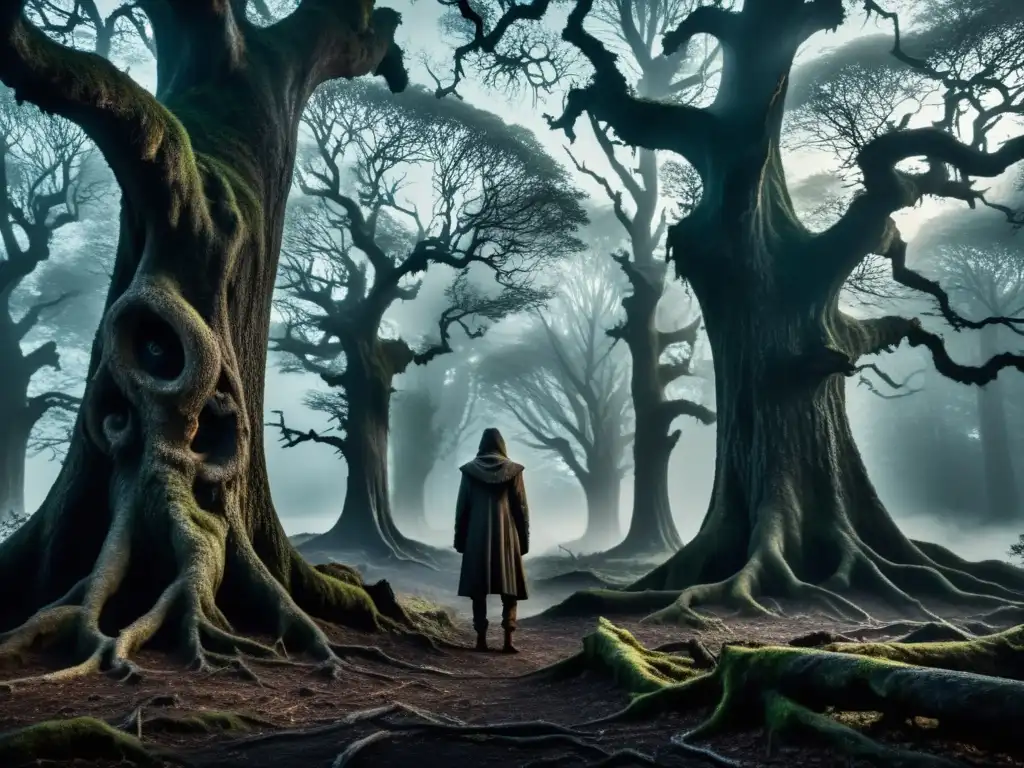 Un bosque neblinoso y sombrío, con árboles retorcidos y una figura misteriosa