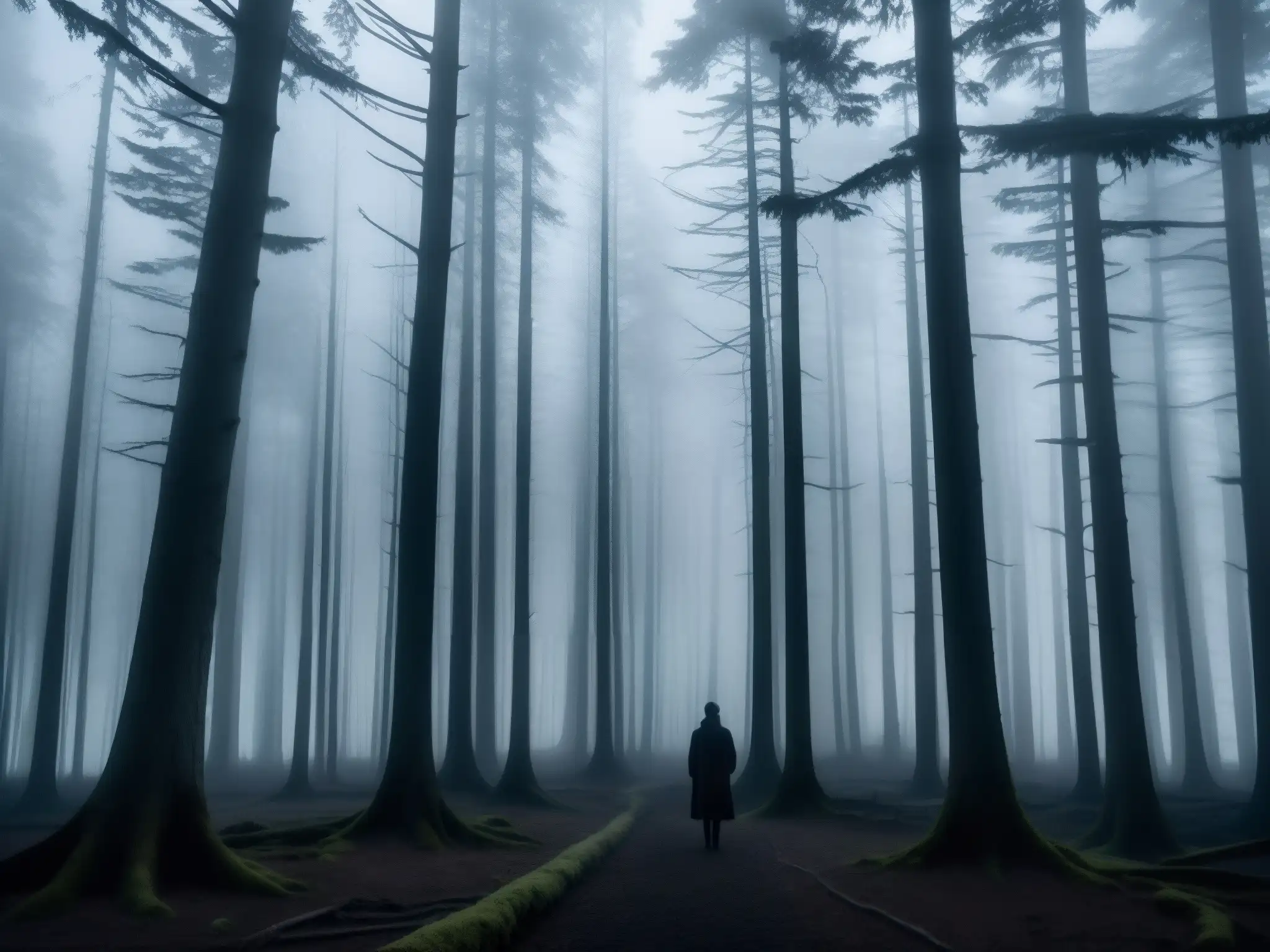 En un bosque nebuloso al anochecer, árboles altos proyectan sombras ominosas