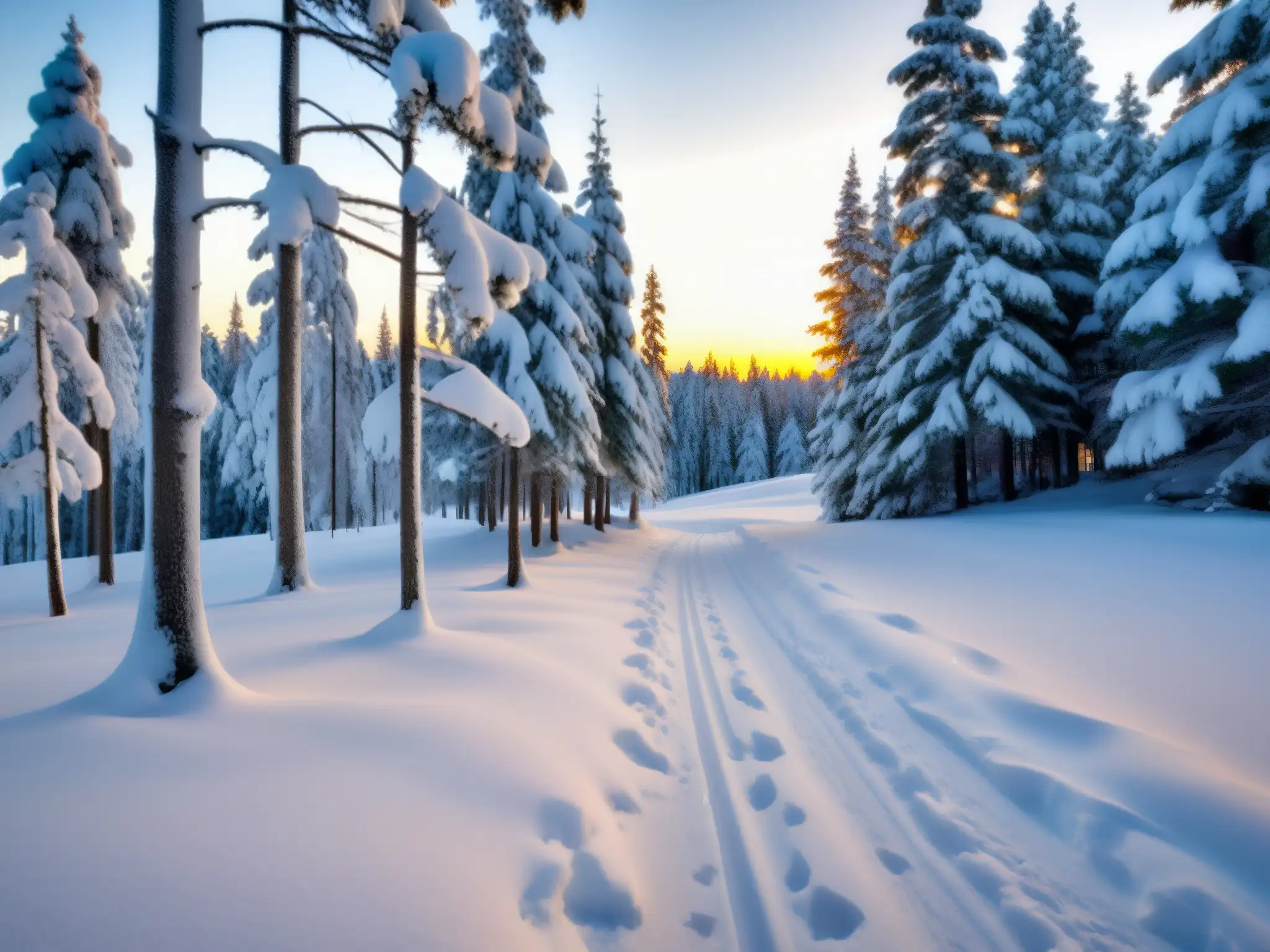 Un bosque nevado al atardecer evoca la majestuosidad de 'Encuentros con la Mujer de la Nieve' en un ambiente sereno y aislado