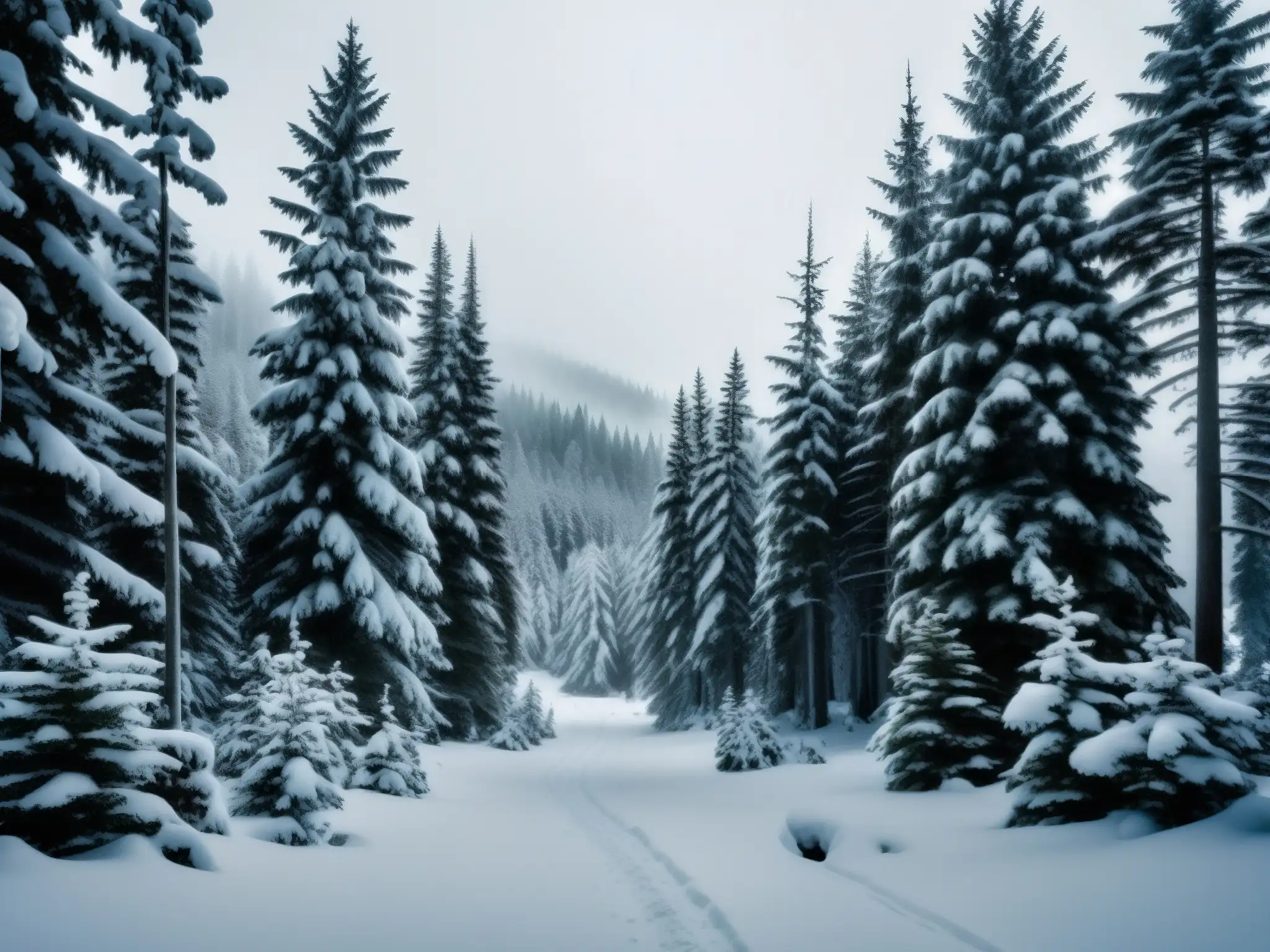 Un bosque nevado en Canadá evoca el misterio del Wendigo con su atmósfera gélida y neblinosa