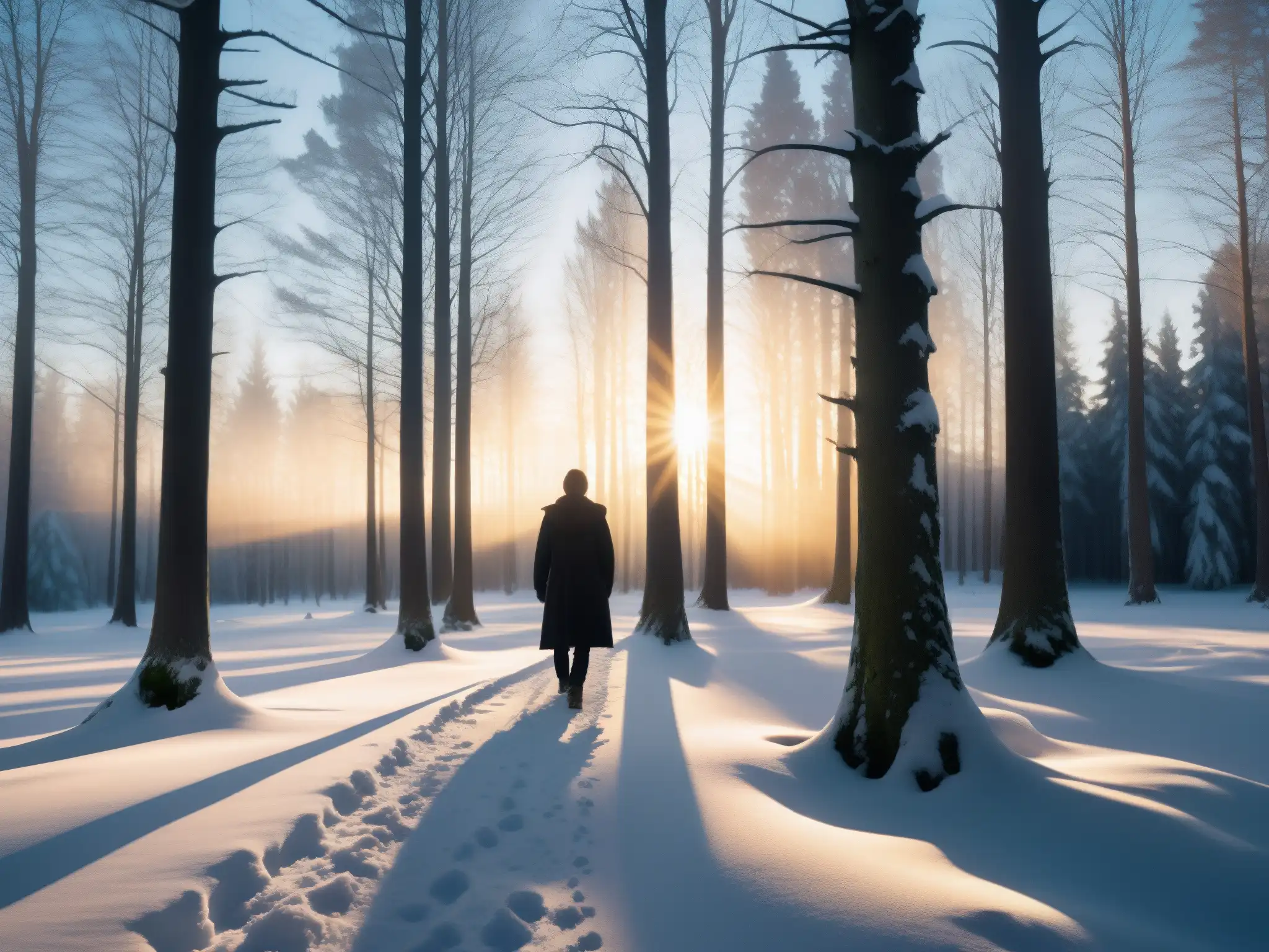 Un bosque nevado al anochecer con la silueta de la Mujer de la Nieve entre los árboles, creando un ambiente misterioso