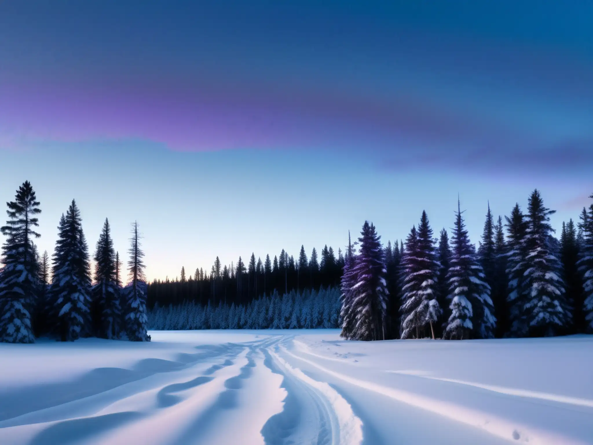 Un bosque nevado en Canadá al anochecer con siluetas de altos pinos proyectando sombras sobre la nieve
