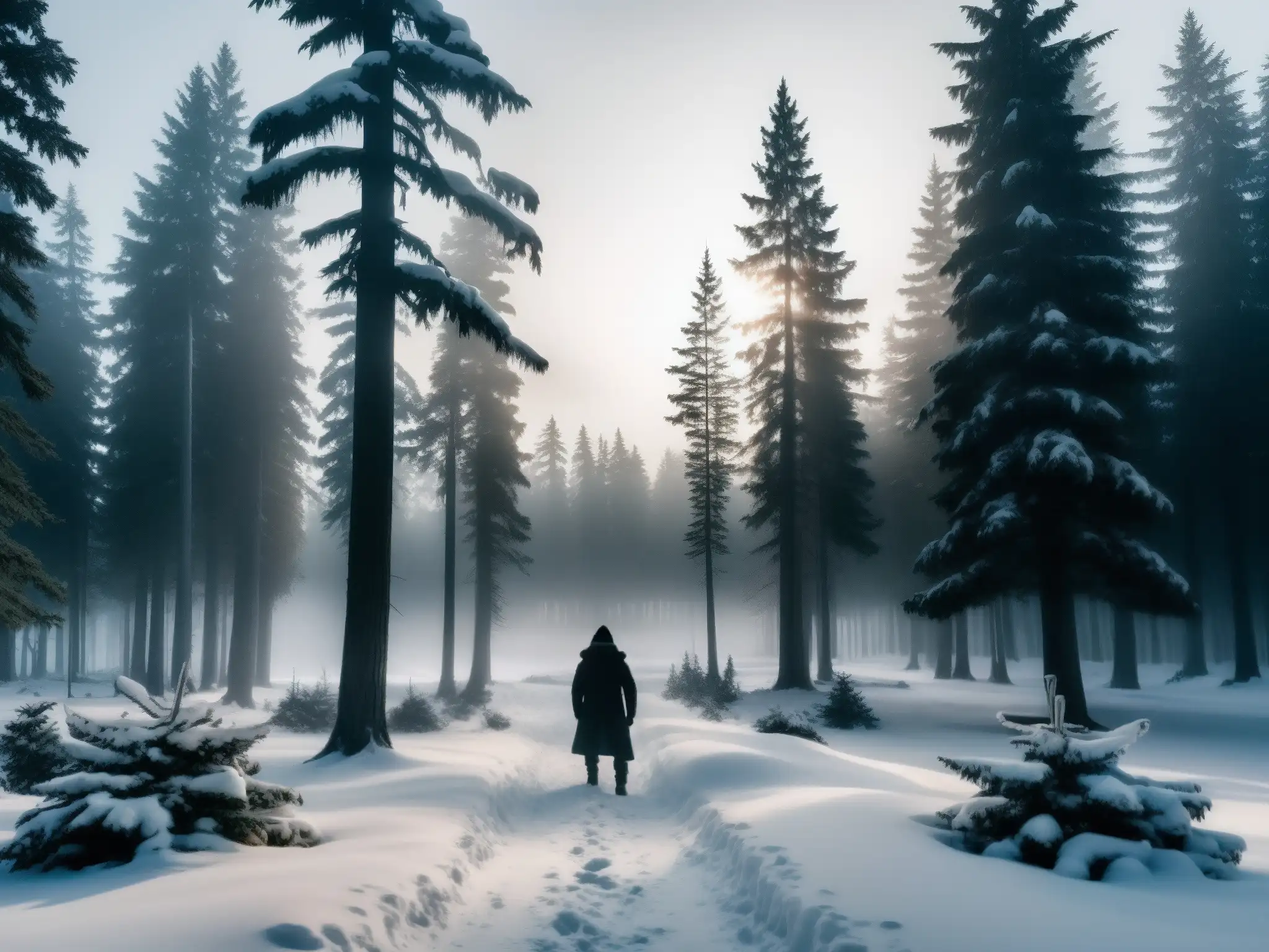 Un bosque en Canadá con niebla misteriosa, árboles altos y sombras ominosas