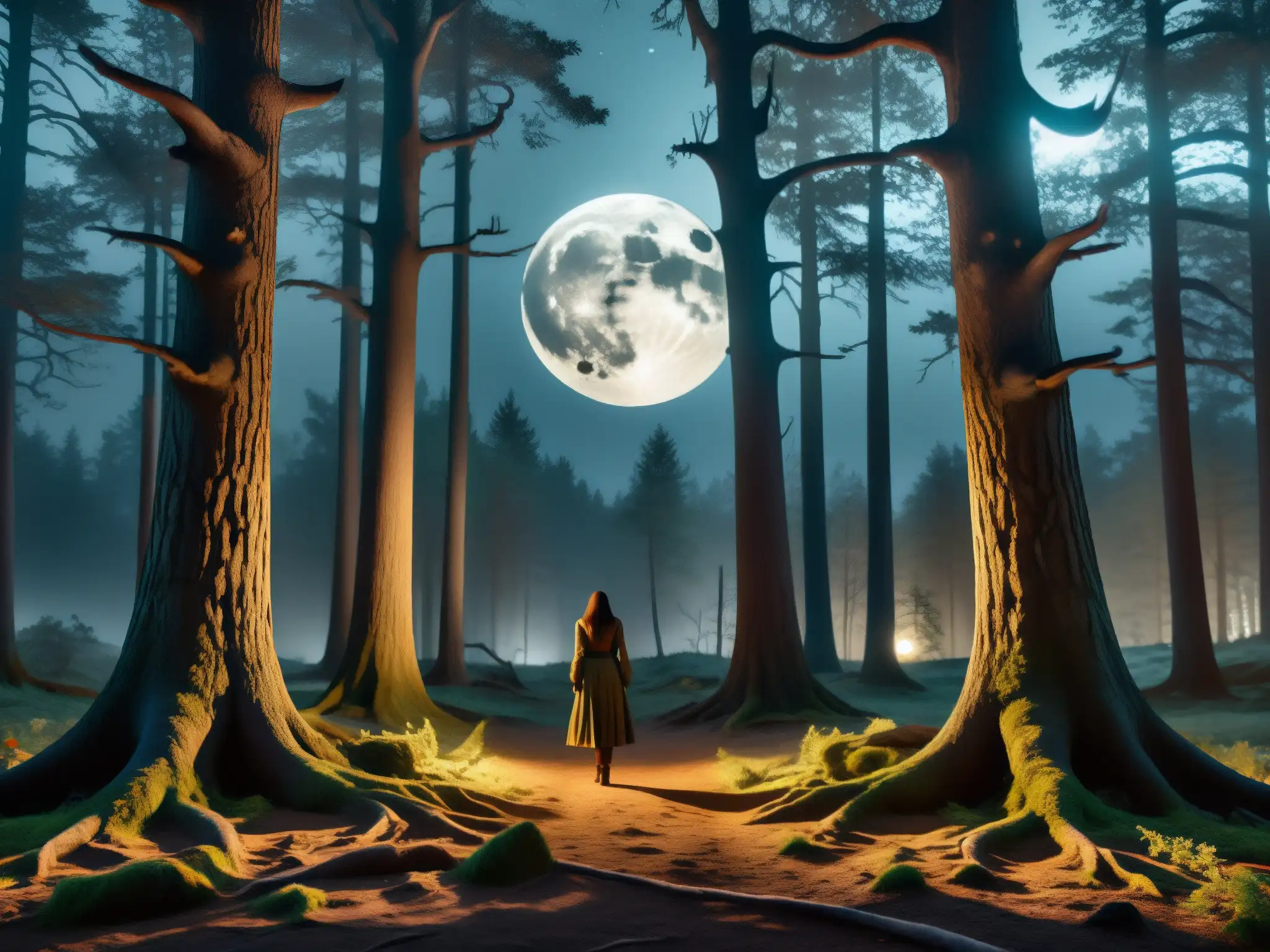 Un bosque nocturno iluminado por la luna, con árboles retorcidos y una atmósfera misteriosa y cautivadora