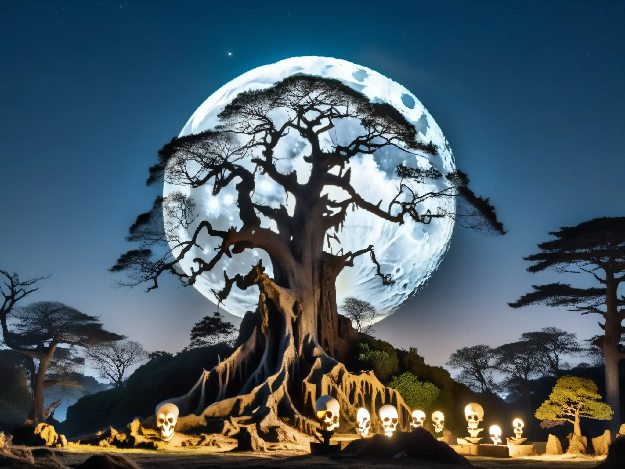 Un bosque nocturno iluminado por la luna, donde un Gashadokuro gigante de hueso blanco proyecta una presencia misteriosa y aterradora