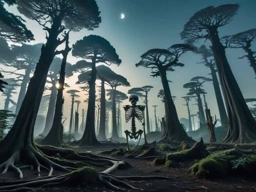 Un bosque nocturno y misterioso, con colosales figuras esqueléticas que se alzan en la oscuridad