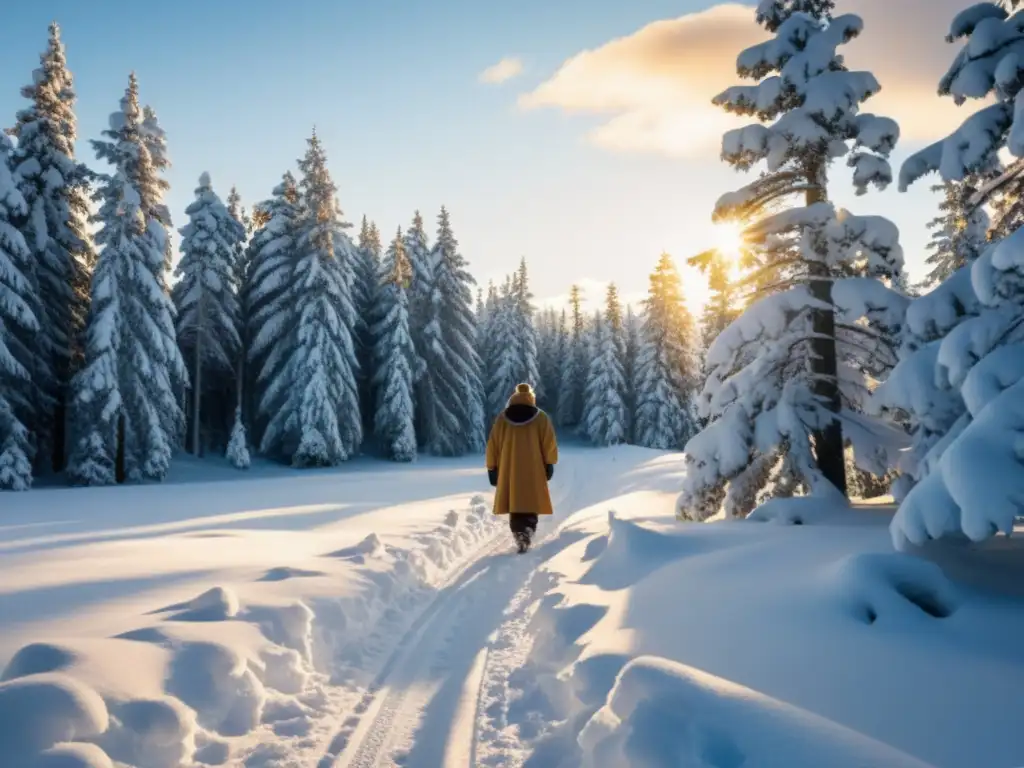 Un bosque nórdico nevado y misterioso, iluminado por el sol
