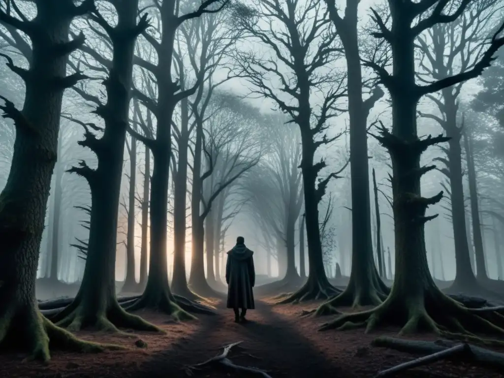 Un bosque oscuro y brumoso al anochecer, con árboles retorcidos proyectando sombras inquietantes
