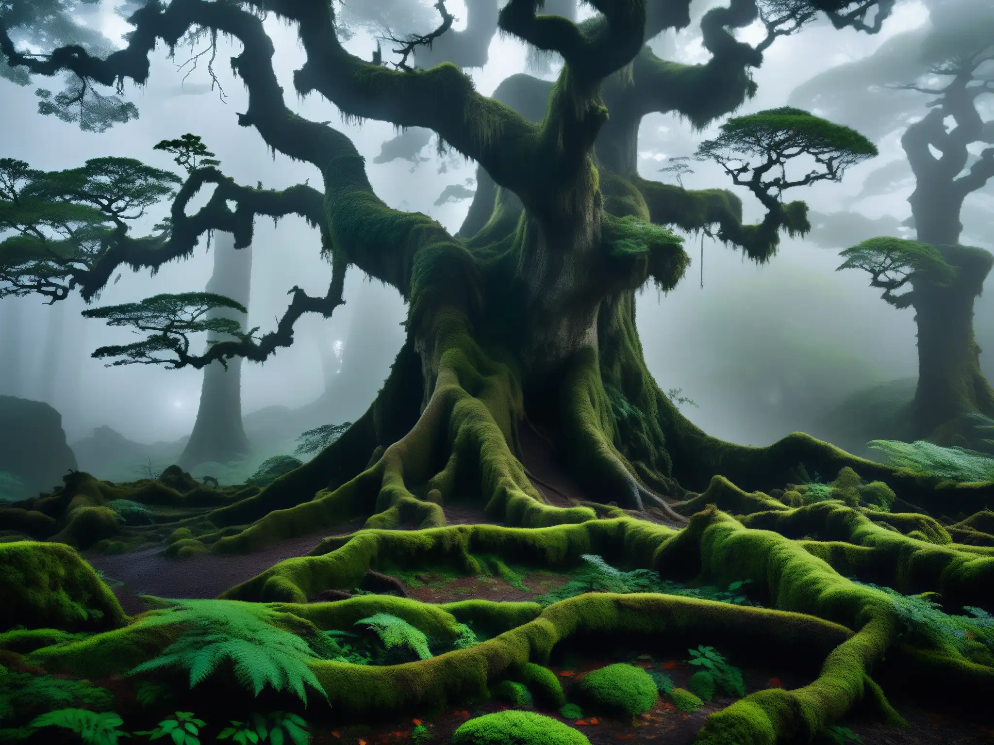 Un bosque oscuro y brumoso en Japón, con árboles retorcidos y luces misteriosas entre la maleza