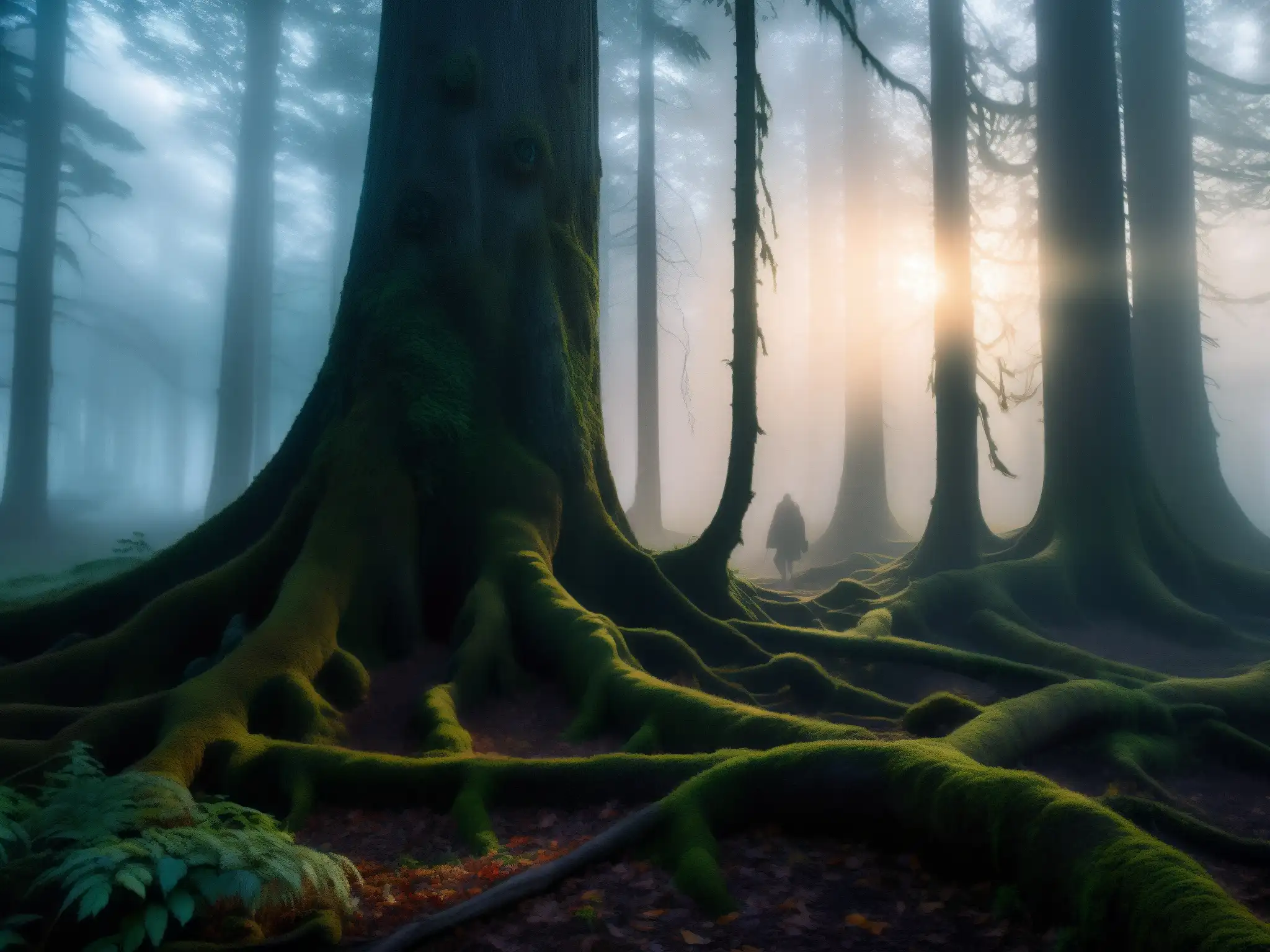 Un bosque oscuro y brumoso al anochecer, con árboles retorcidos y maleza enredada, revela una atmósfera inquietante