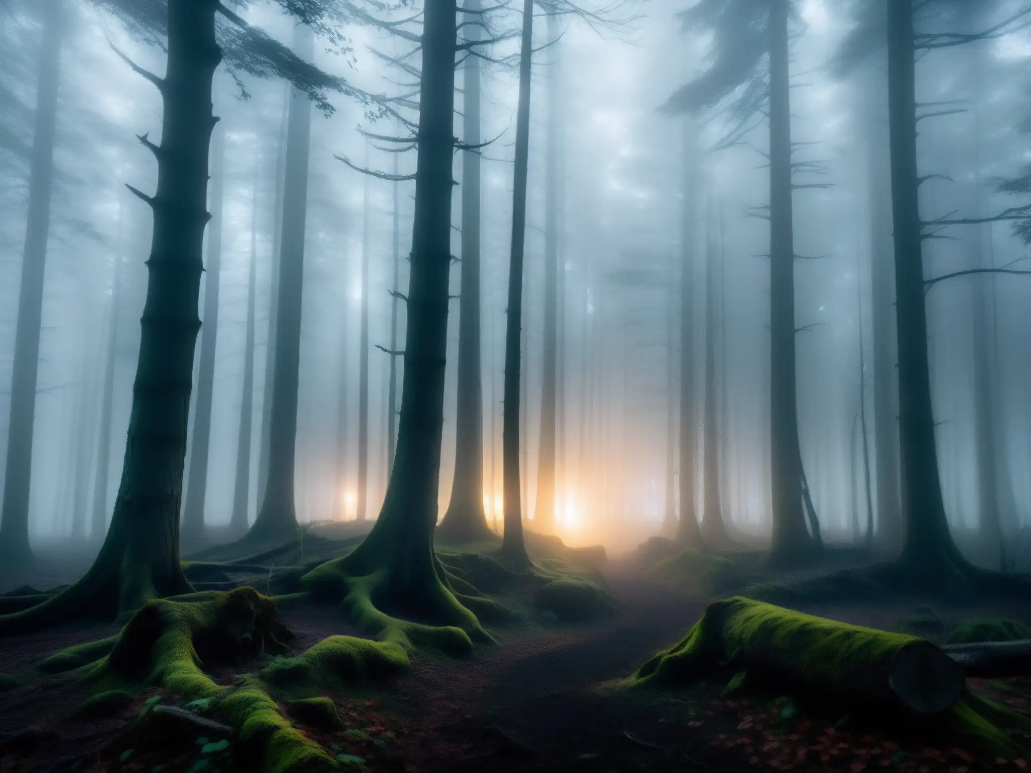 Un bosque oscuro y brumoso con árboles retorcidos y una sensación de inquietud