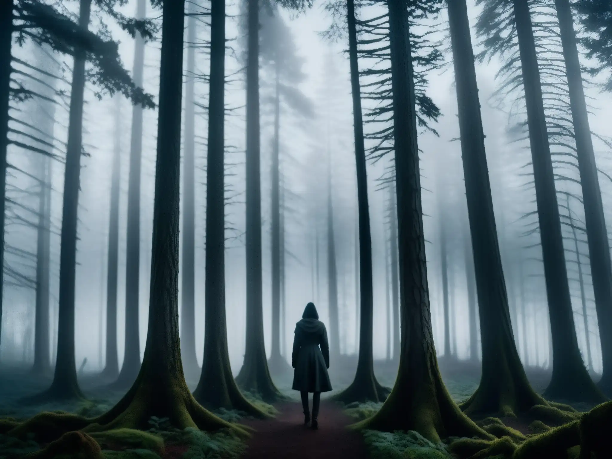 Un bosque oscuro y brumoso al anochecer, con árboles altos y delgados que se elevan entre la niebla
