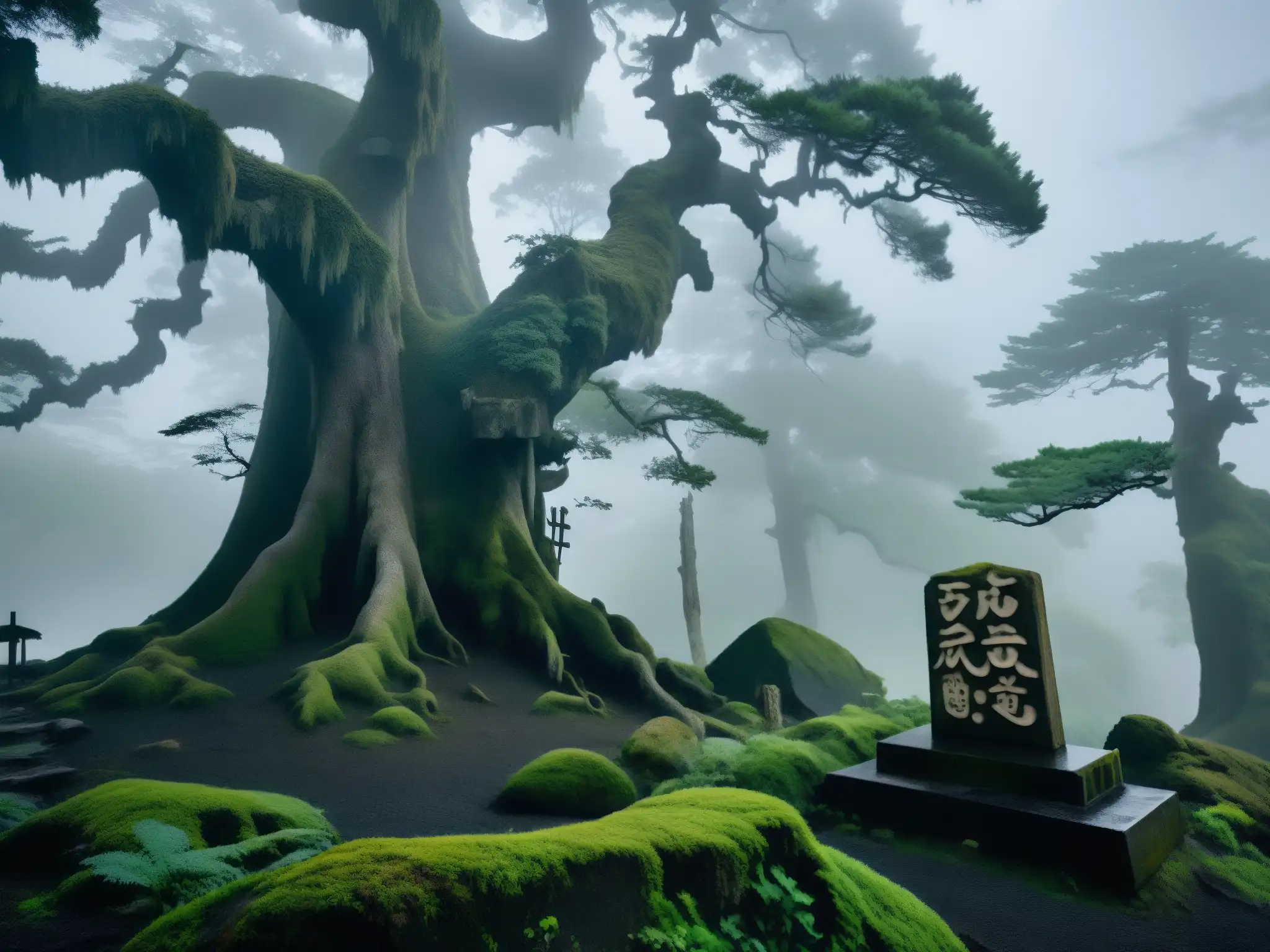 Un bosque oscuro y brumoso en Japón, con árboles antiguos y retorcidos