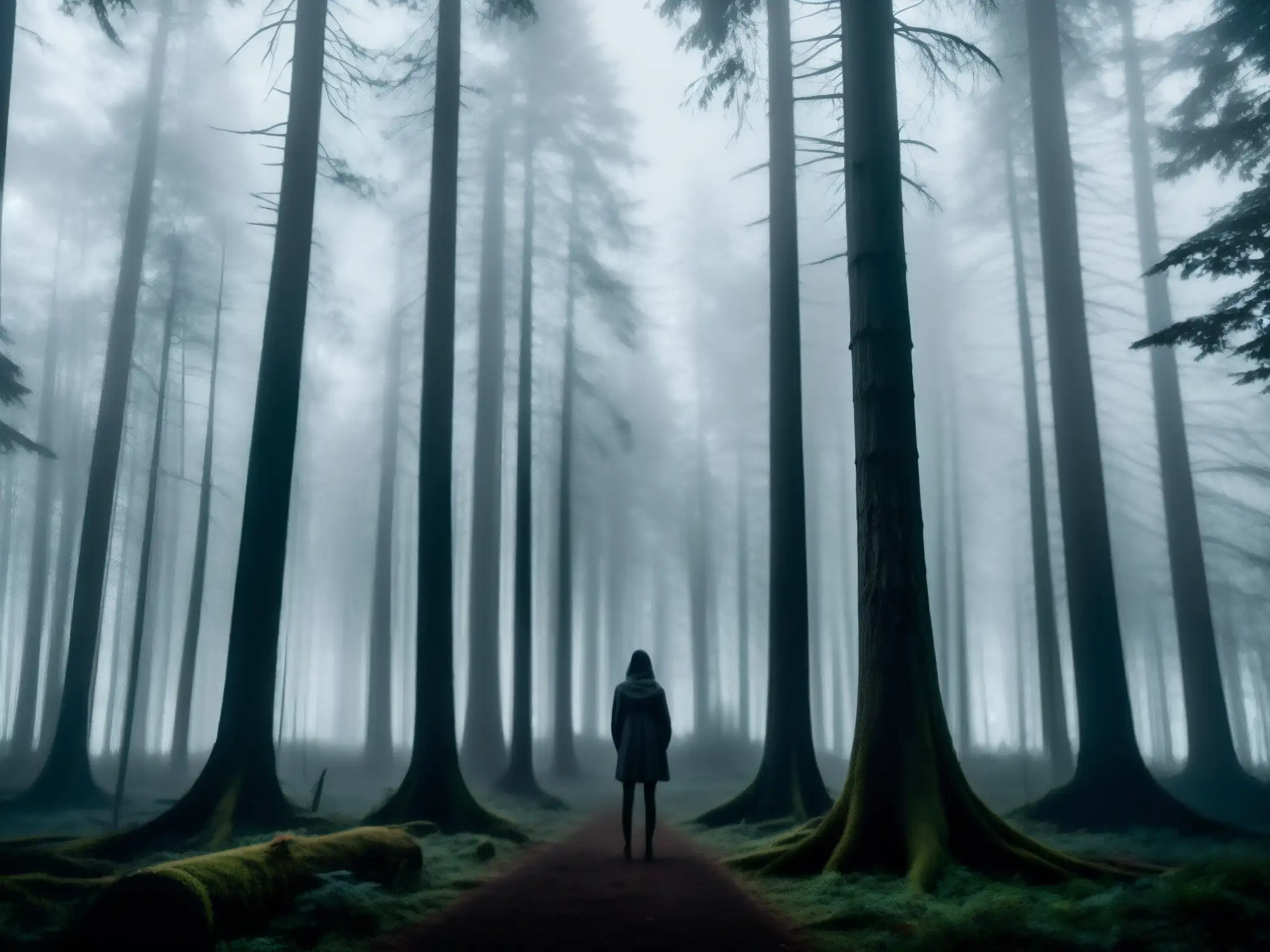 En un bosque oscuro y brumoso, se alza una figura sombría con brazos alargados y rostro sin rasgos