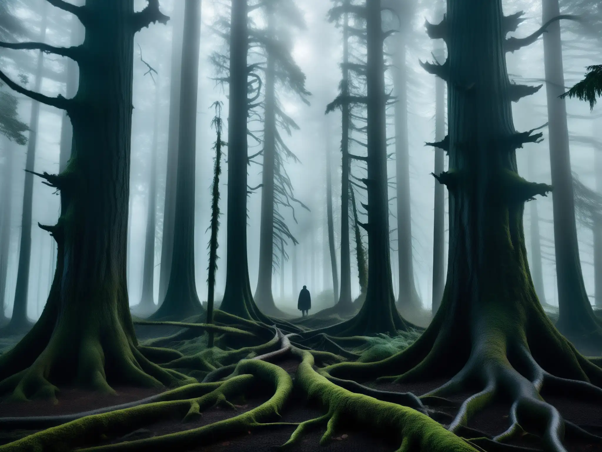 Un bosque oscuro y denso con niebla entre los árboles