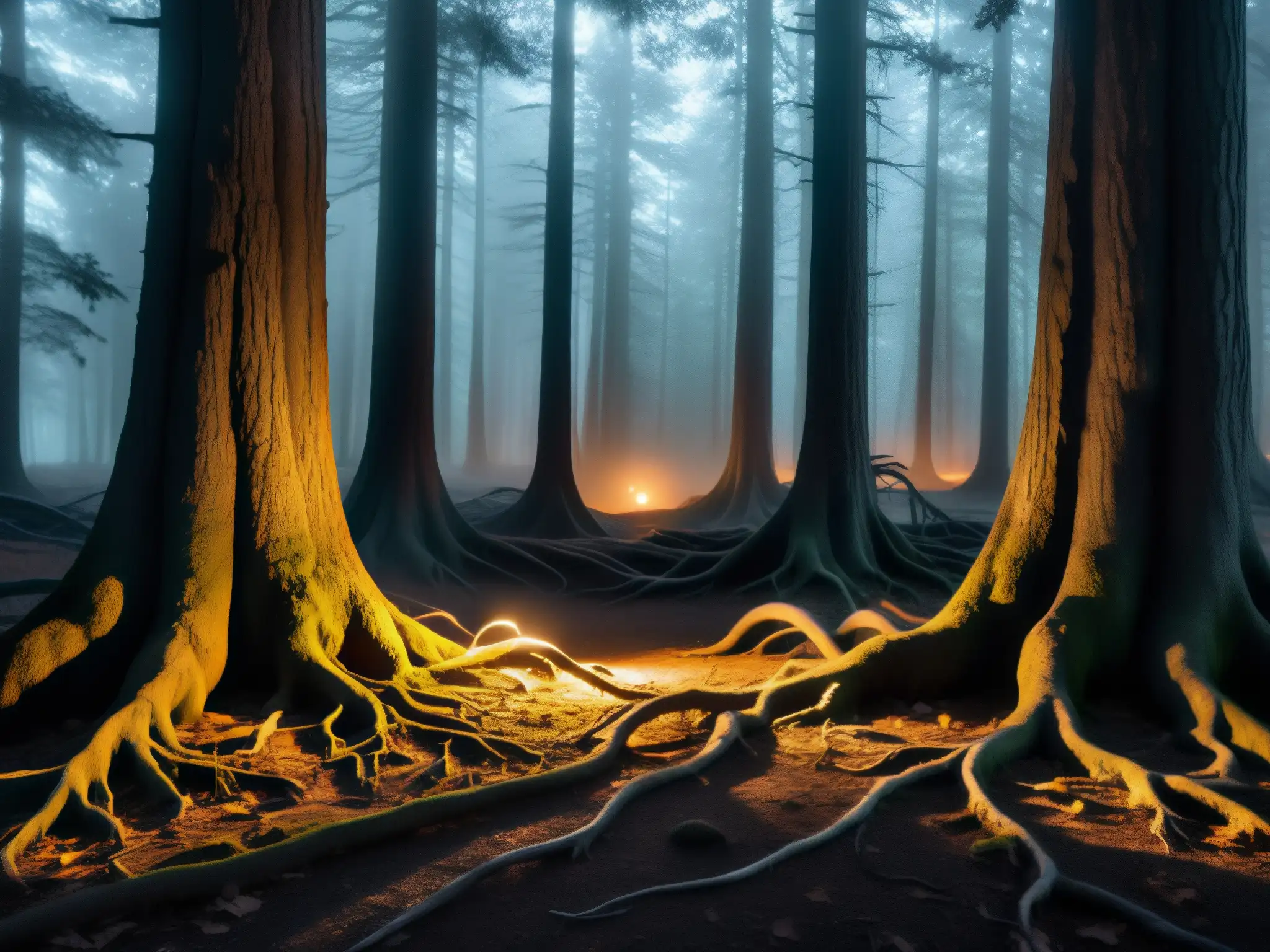 Un bosque oscuro iluminado por la luna, con árboles retorcidos que proyectan sombras misteriosas en el suelo