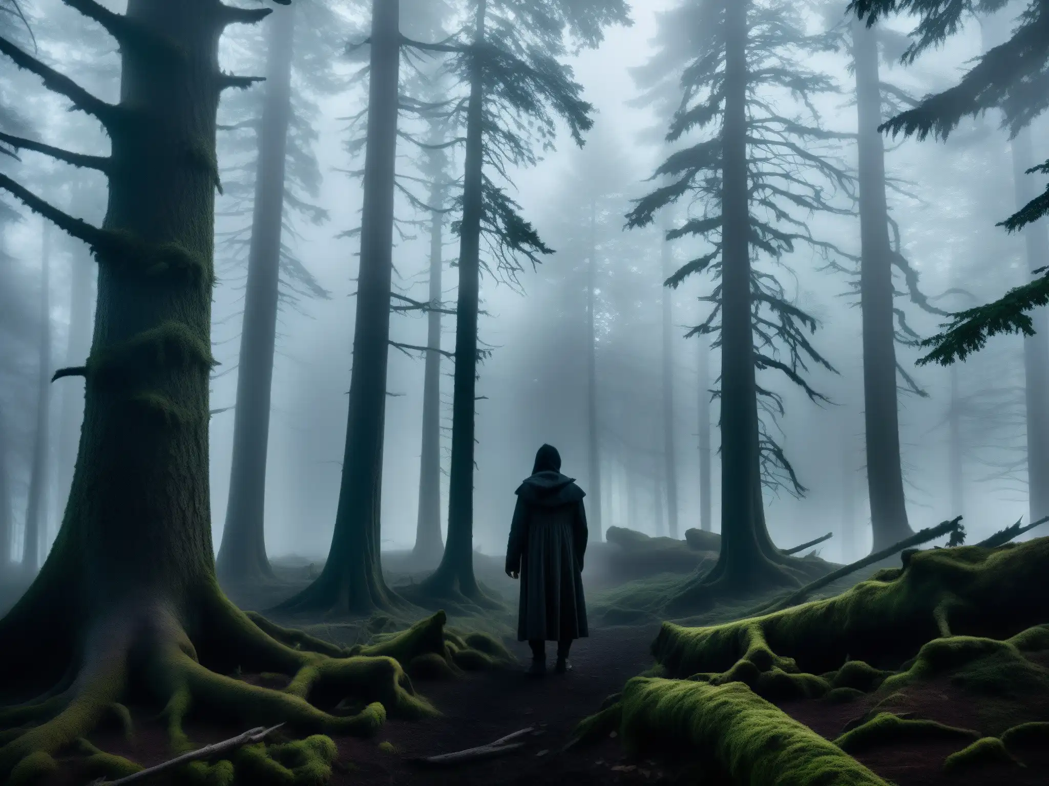 Un bosque oscuro y misterioso al anochecer, con una figura sombría entre la vegetación