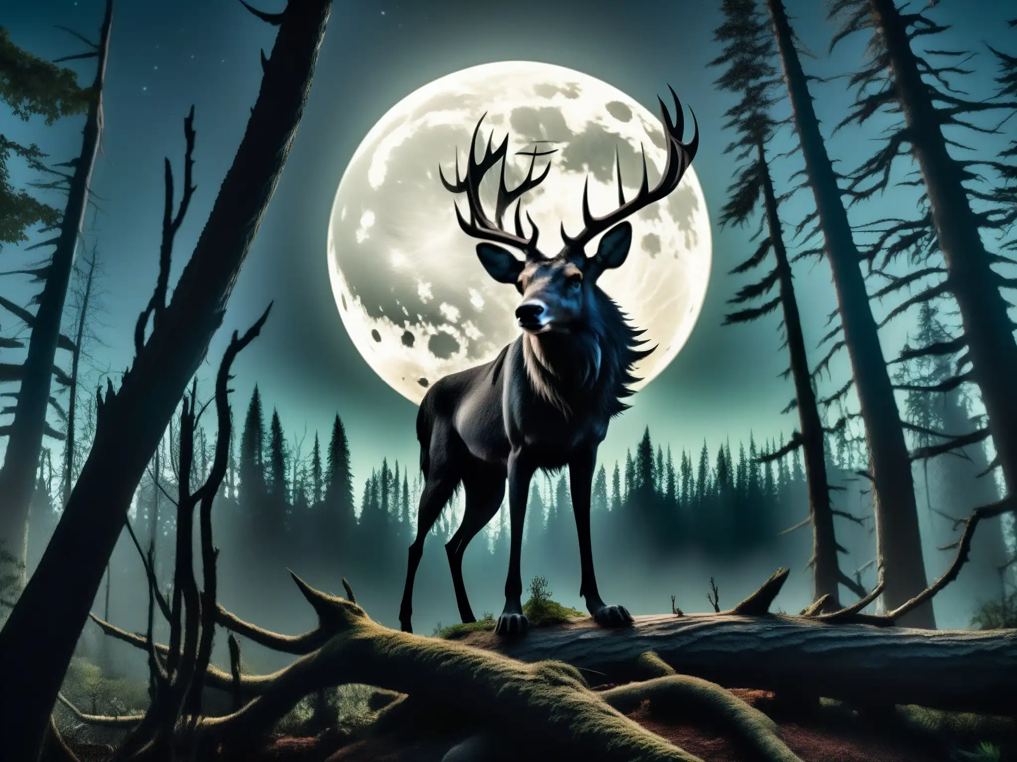 Un bosque oscuro y misterioso de noche, con la luna iluminando los árboles retorcidos