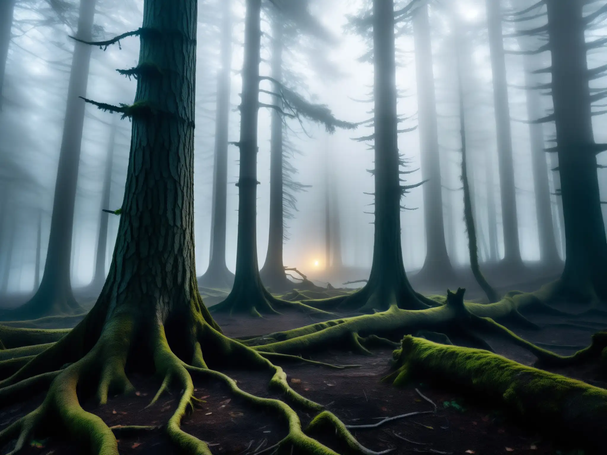 Un bosque oscuro y misterioso de noche, con niebla y árboles retorcidos