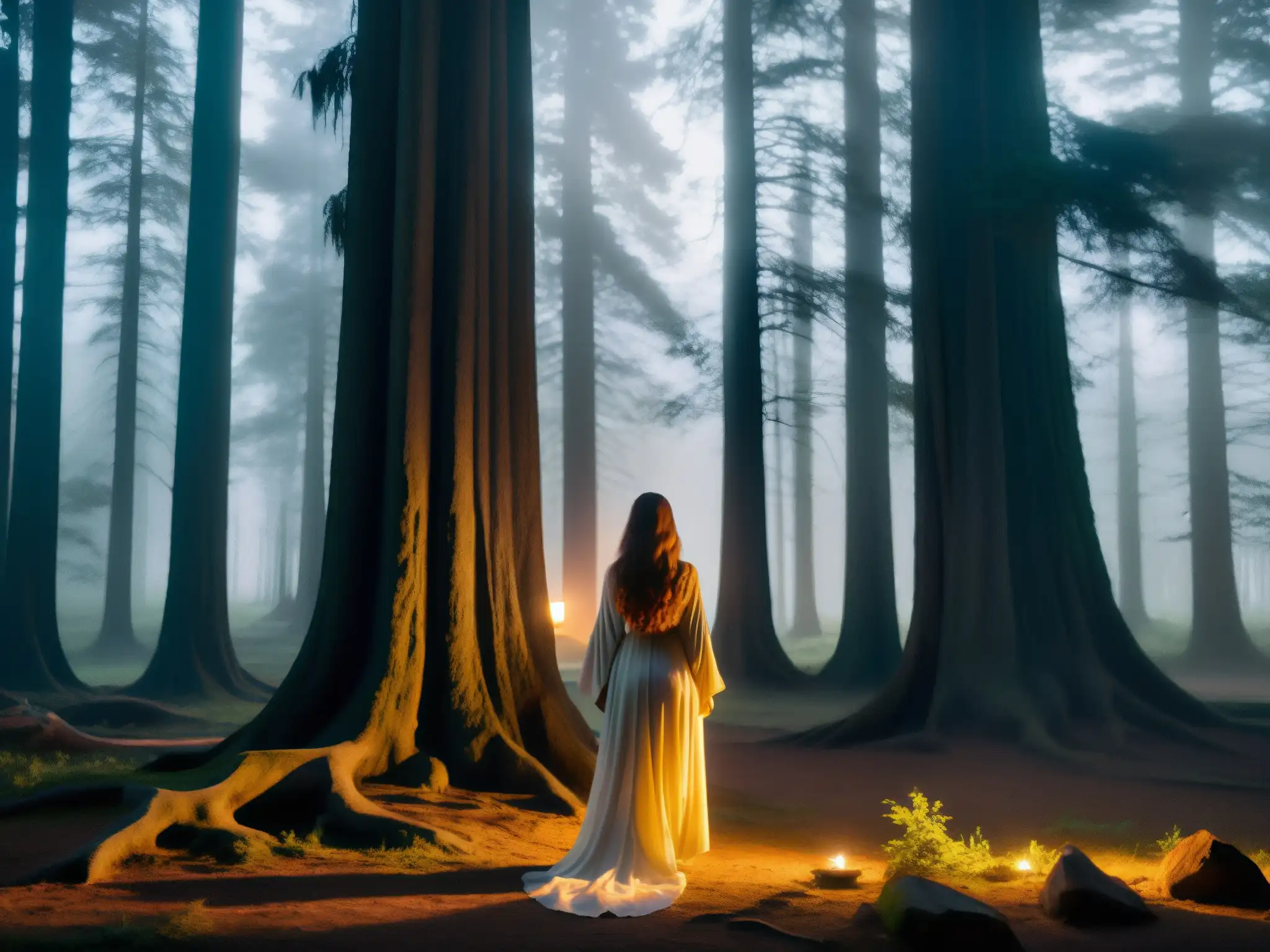 En el bosque oscuro al anochecer, aparece la Mulánima: leyenda alma errante mujer, con su presencia misteriosa y sobrenatural