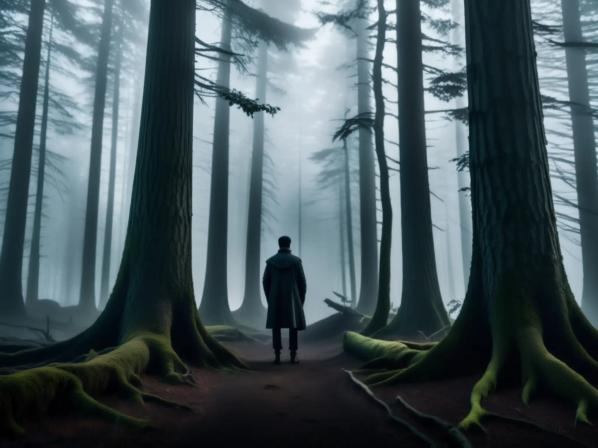 Un bosque oscuro y neblinoso con árboles retorcidos y una atmósfera de misterio y tensión