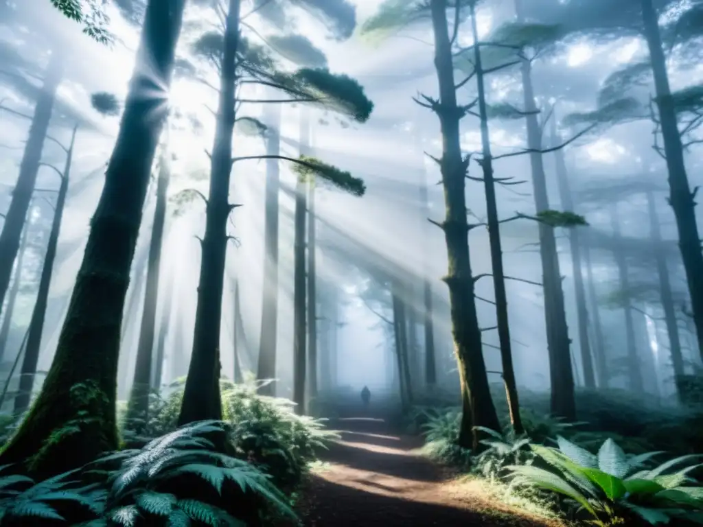 Un bosque oscuro y neblinoso en Japón con enormes telarañas entre árboles antiguos y Tsuchigumo arañas gigantes