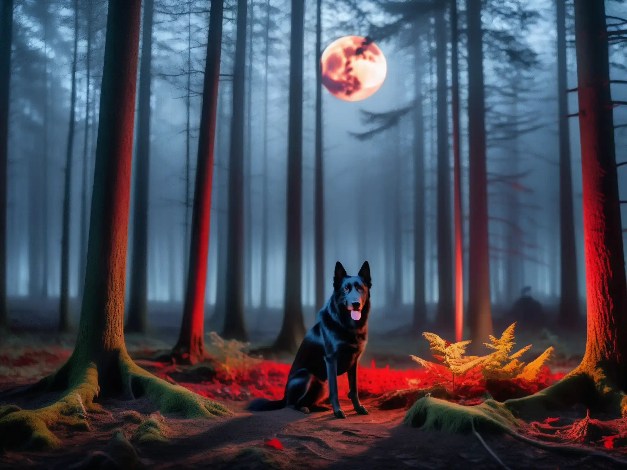 En un bosque oscuro y neblinoso, un gran perro negro con ojos rojos brilla en la penumbra, presagiando muerte