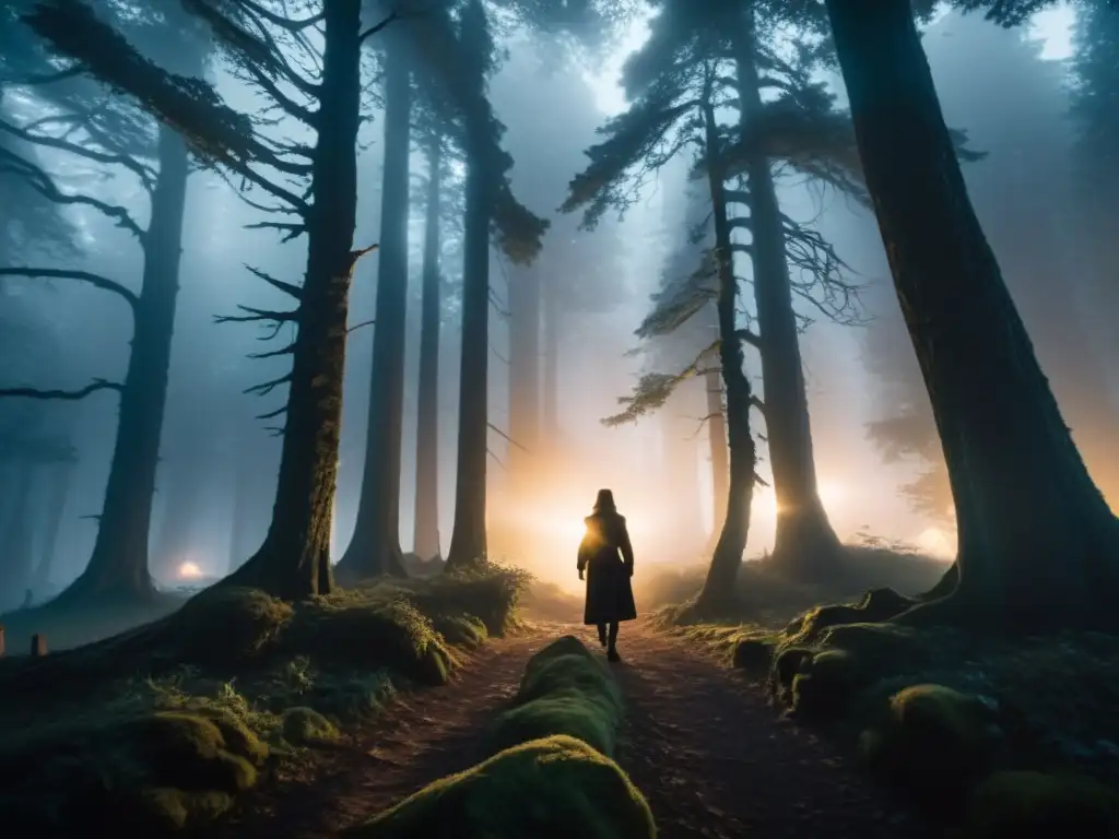 Un bosque oscuro y neblinoso de noche, con antiguos árboles altos y misteriosas luces brillantes entre las ramas