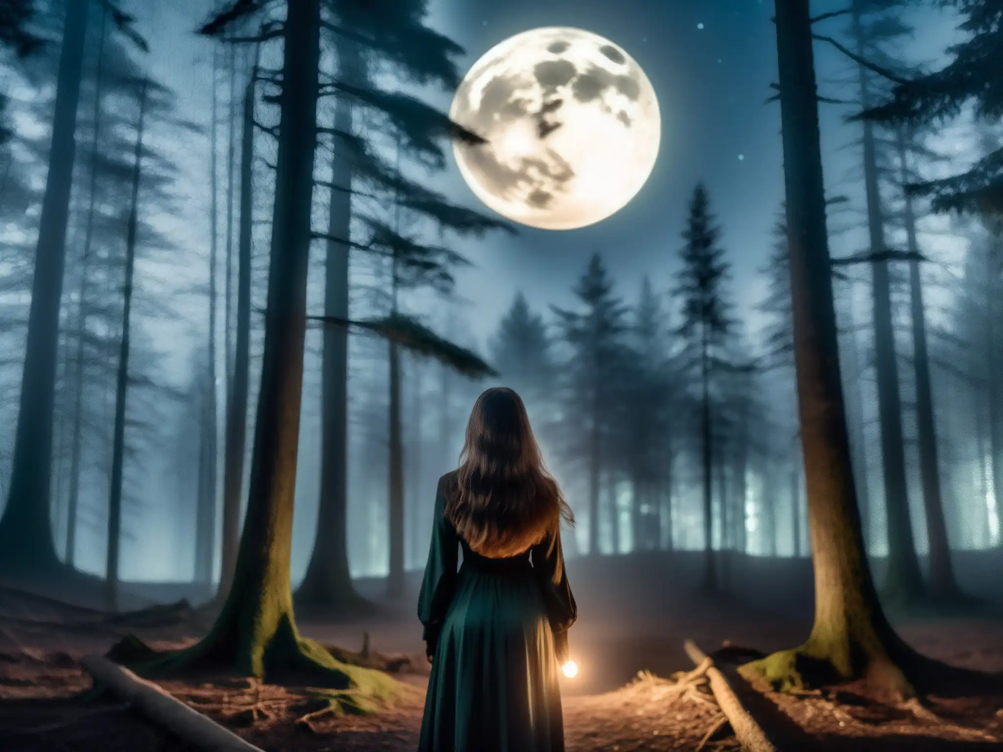 En un bosque oscuro y neblinoso de noche, una figura femenina con largos cabellos flotantes se perfila en primer plano, su rostro oculto