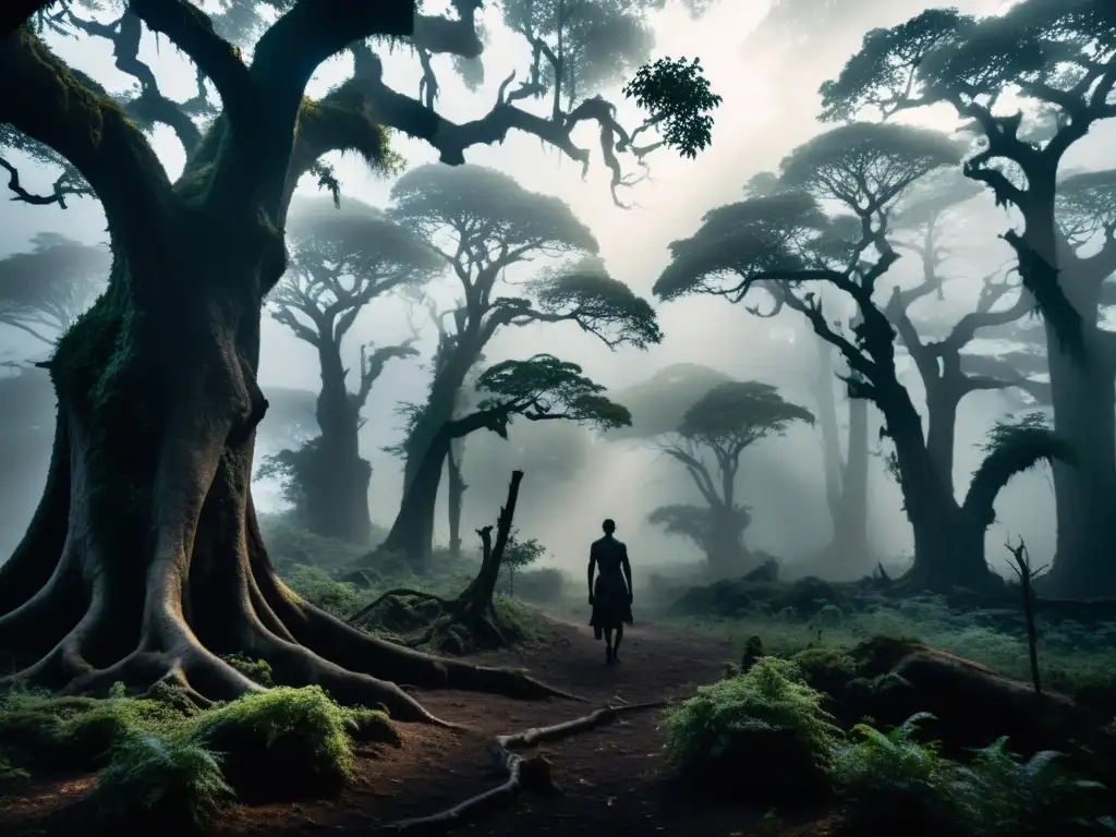 Un bosque oscuro y neblinoso en África Oriental, con árboles retorcidos y una atmósfera de misterio