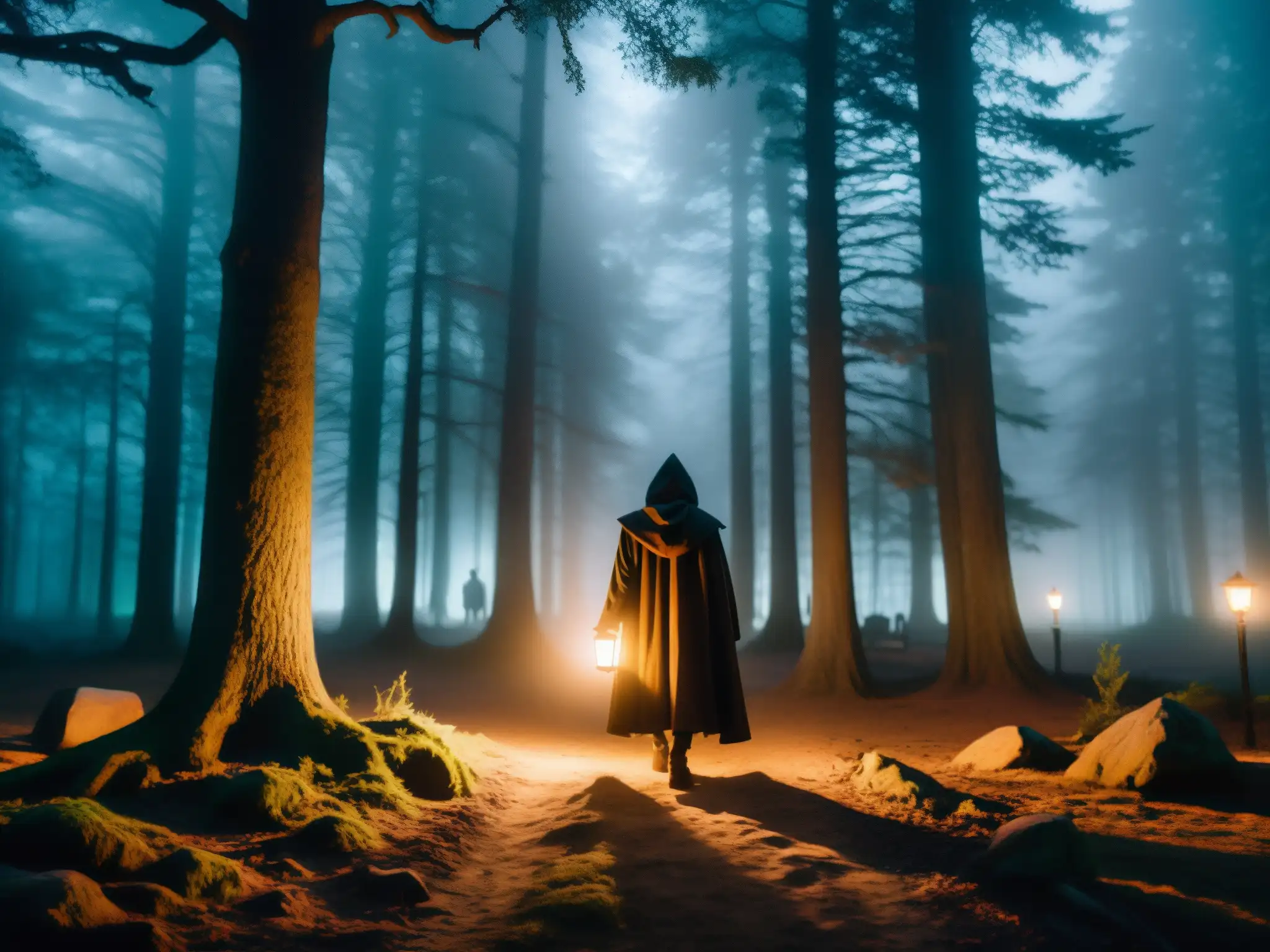 En el bosque oscuro de noche, una figura con capa y linterna