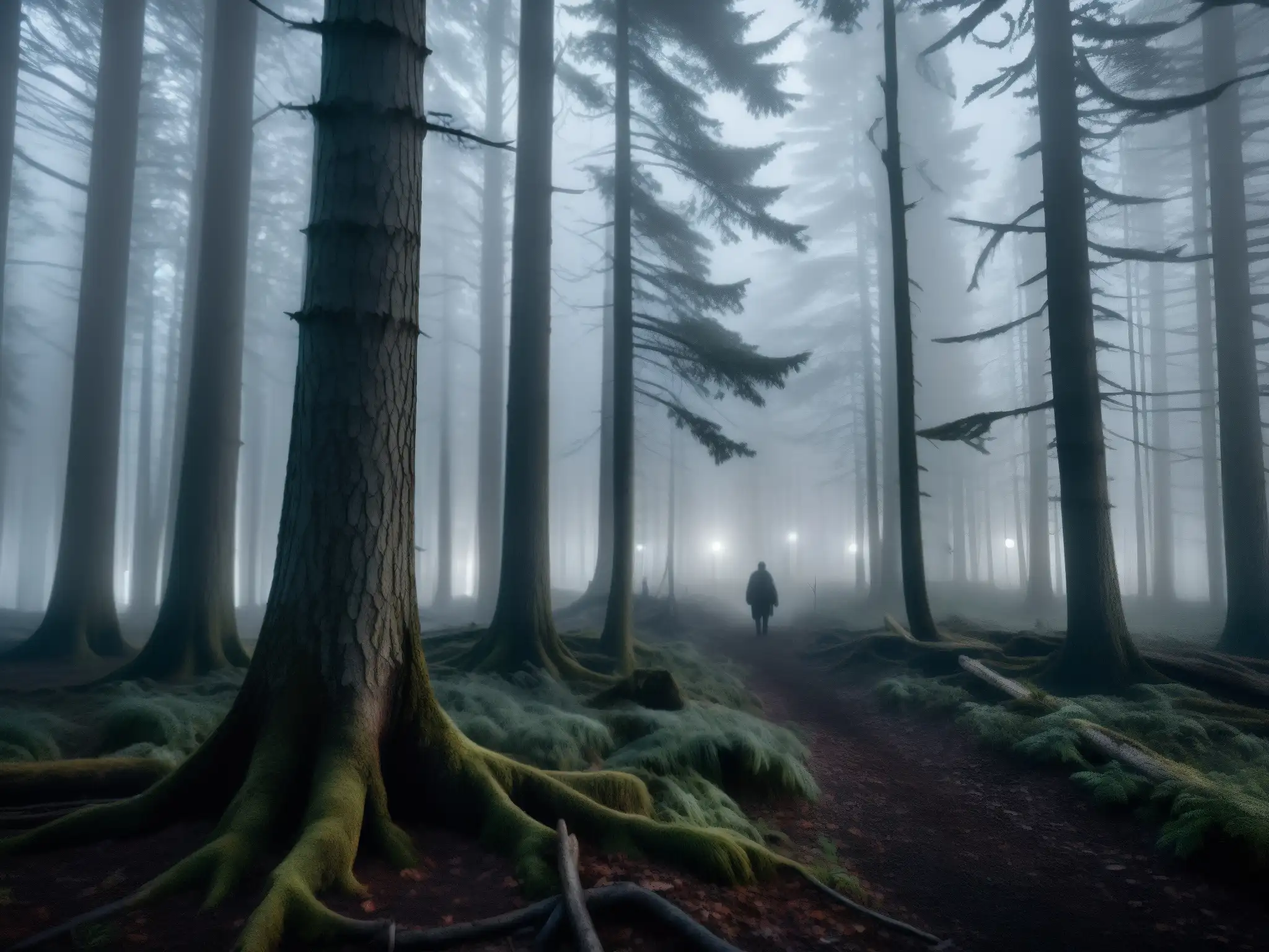 Un bosque oscuro y tenebroso de noche, con niebla y ramas retorcidas